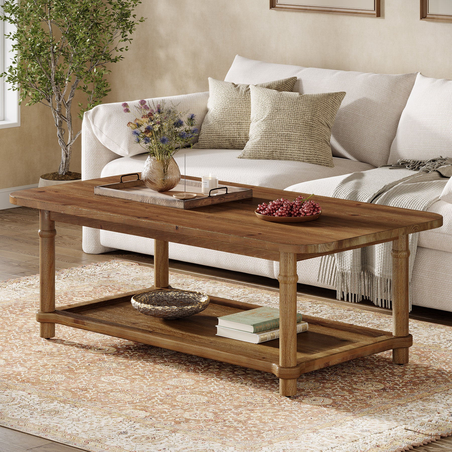 47" Solid Wood Coffee Table, Rectangle Center Table with 2-Tier Storage