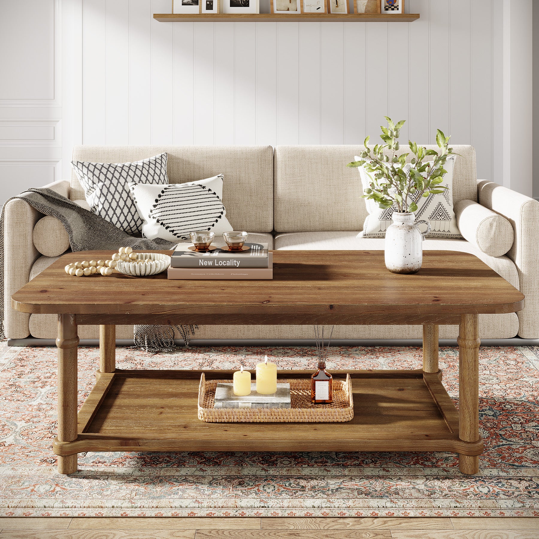 47" Solid Wood Coffee Table, Rectangle Center Table with 2-Tier Storage