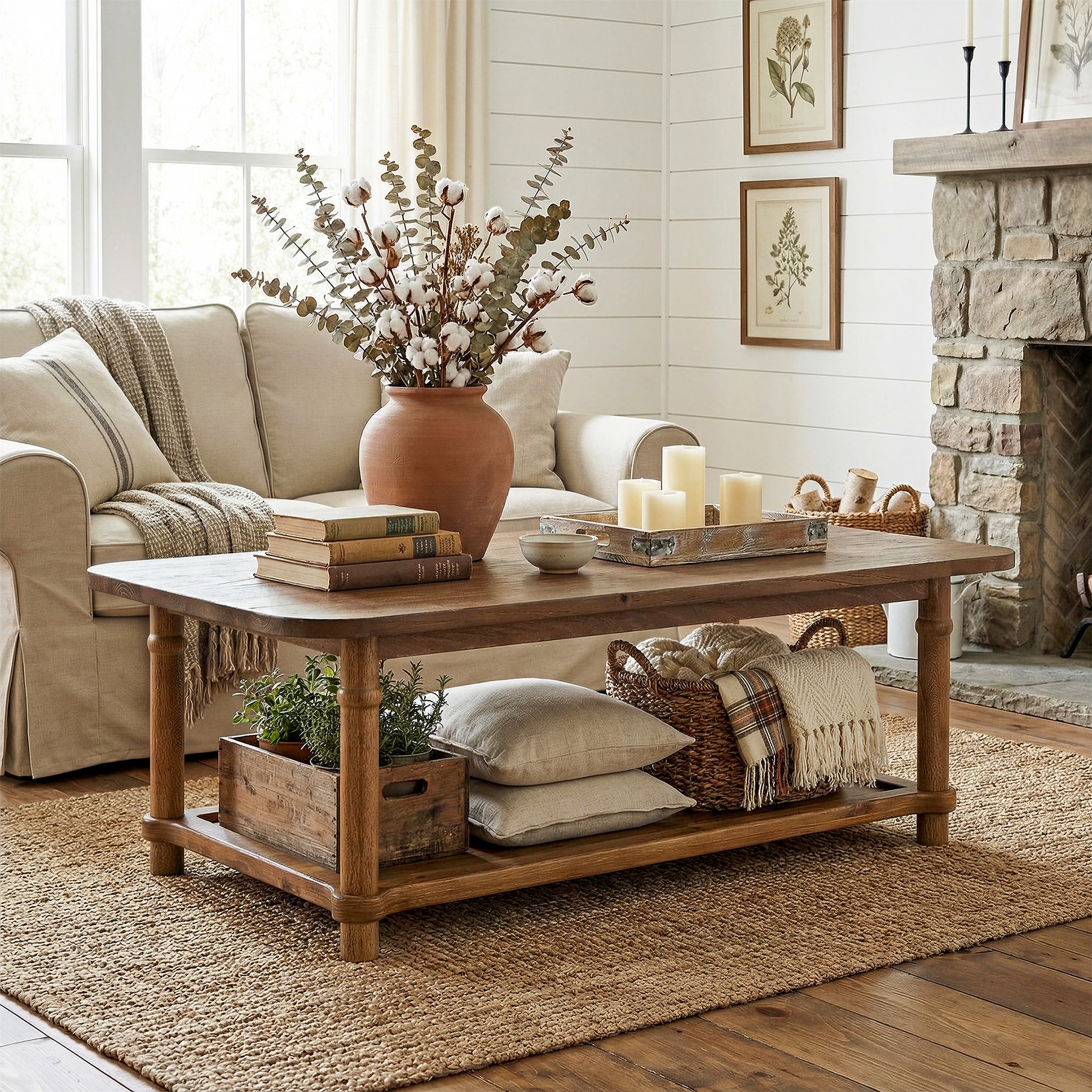 47" Solid Wood Coffee Table, Rectangle Center Table with 2-Tier Storage