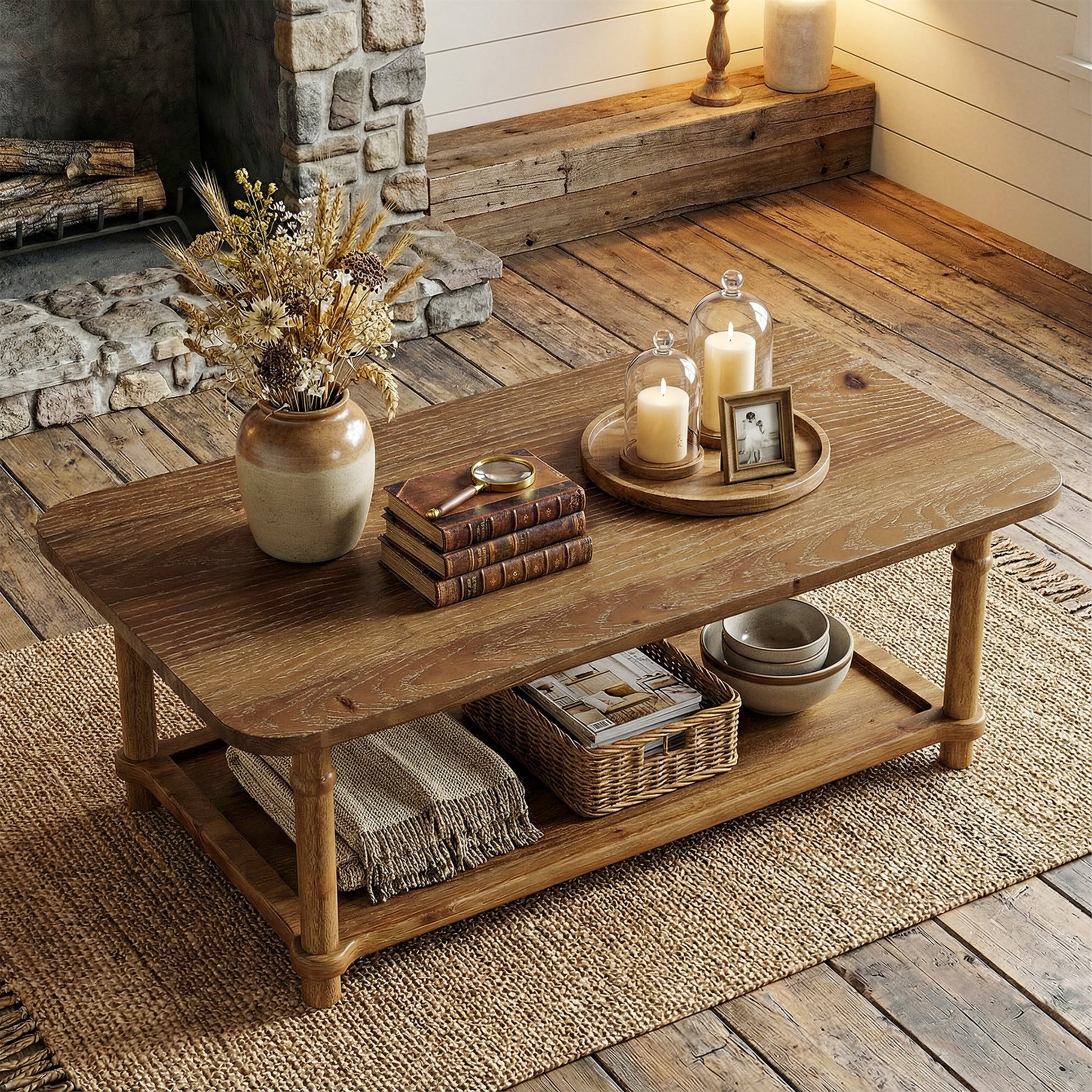 47" Solid Wood Coffee Table, Rectangle Center Table with 2-Tier Storage