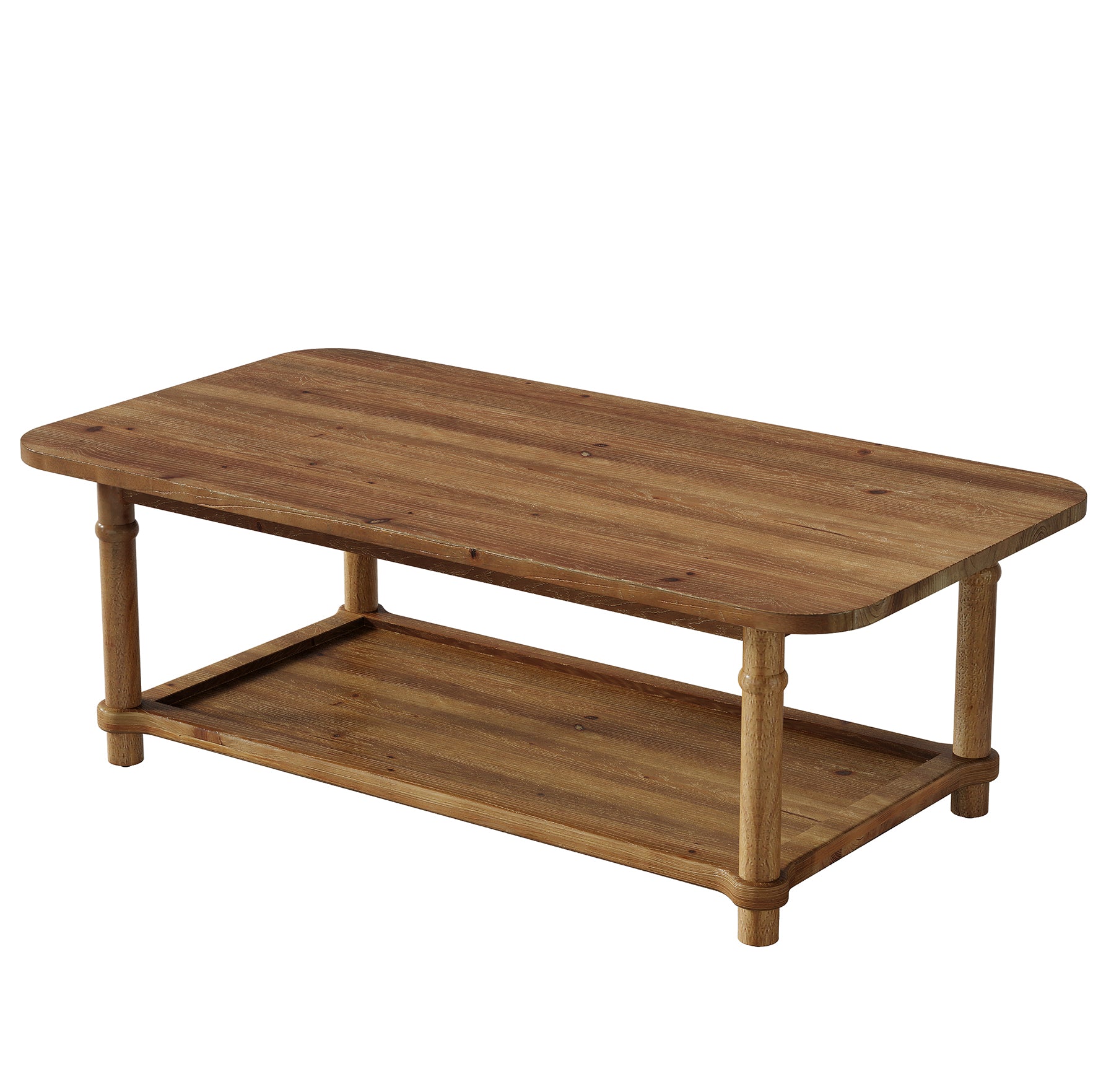 47" Solid Wood Coffee Table, Rectangle Center Table with 2-Tier Storage