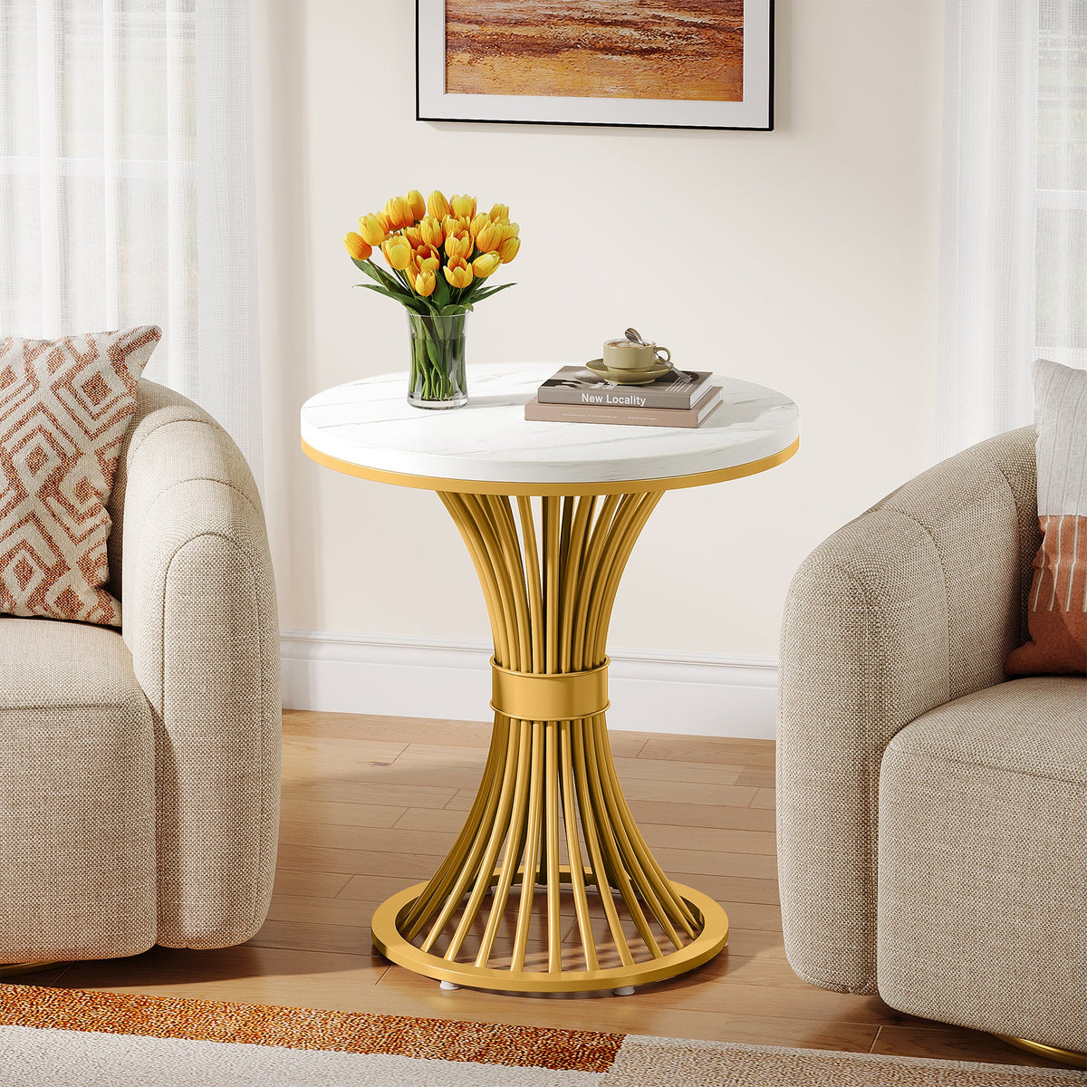 19.69" Round End Table, Faux Marble Side Table with Gold Metal Base