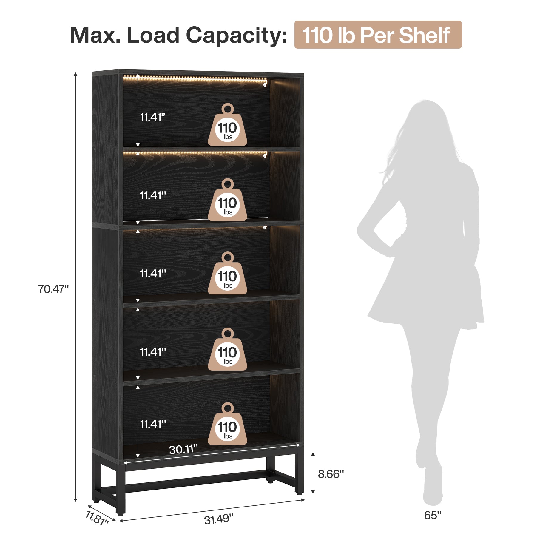 70.8" Bookcase, Large Bookshelf Organizer with 5-Tier Storage Shelves