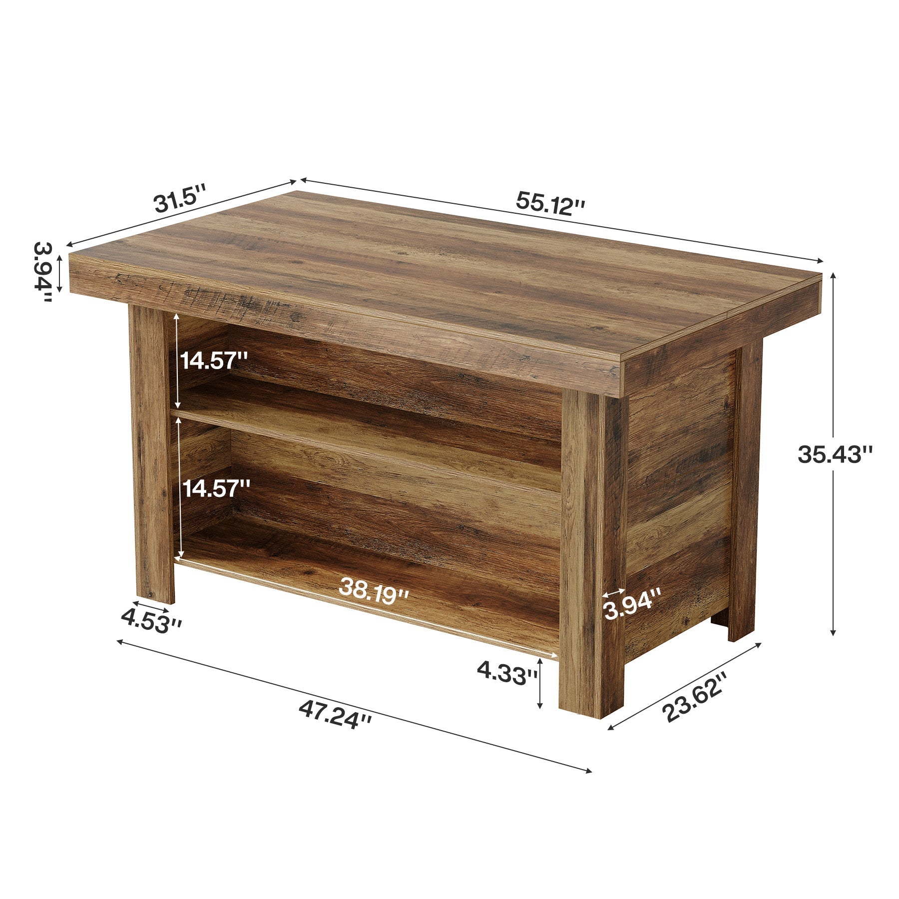 55" Kitchen Island, 3-Tier Island Table Counter Height Bar Table