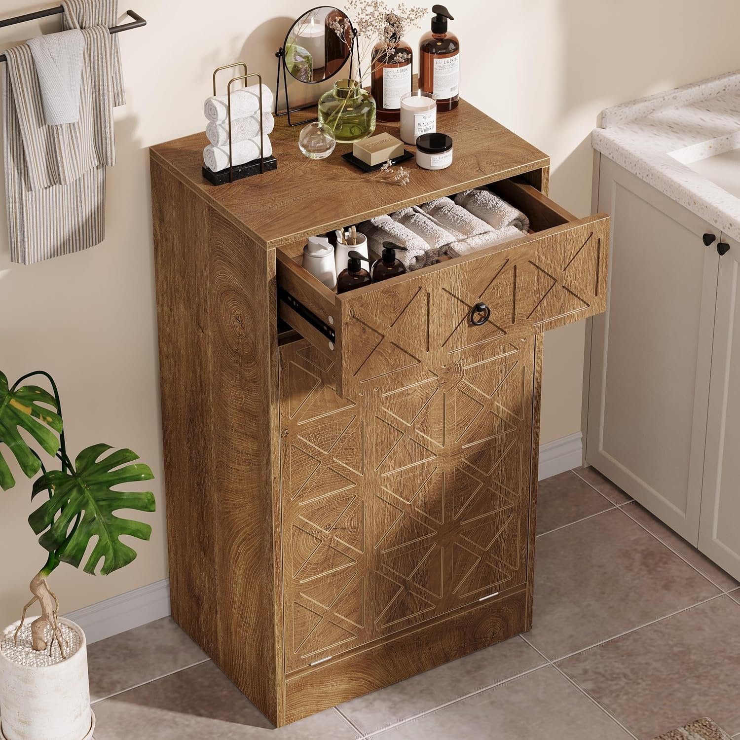 13 Gallon Tilt-Out Laundry Hamper, Wooden Hidden Cabinet with Drawer