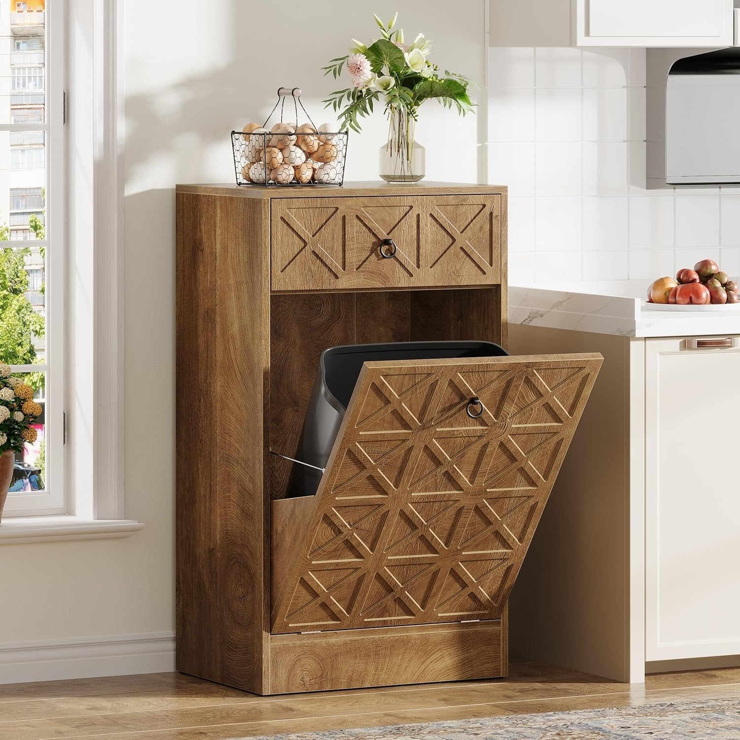 13 Gallons Tilt Out Trash Can, Hidden Garbage Cabinet with Drawer for Kitchen