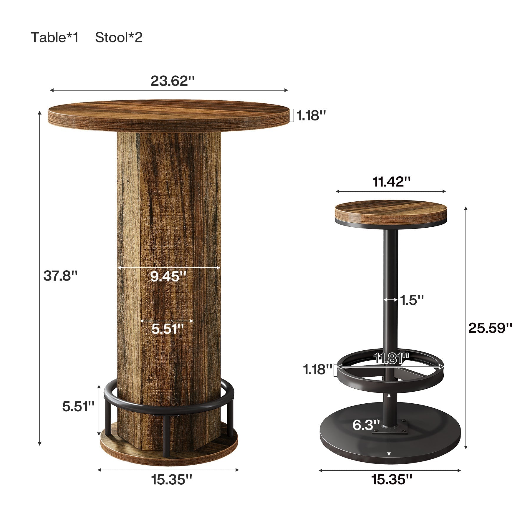 Round Bar Table with Chairs, Pub Bistro Table Sets with 2 Barstools