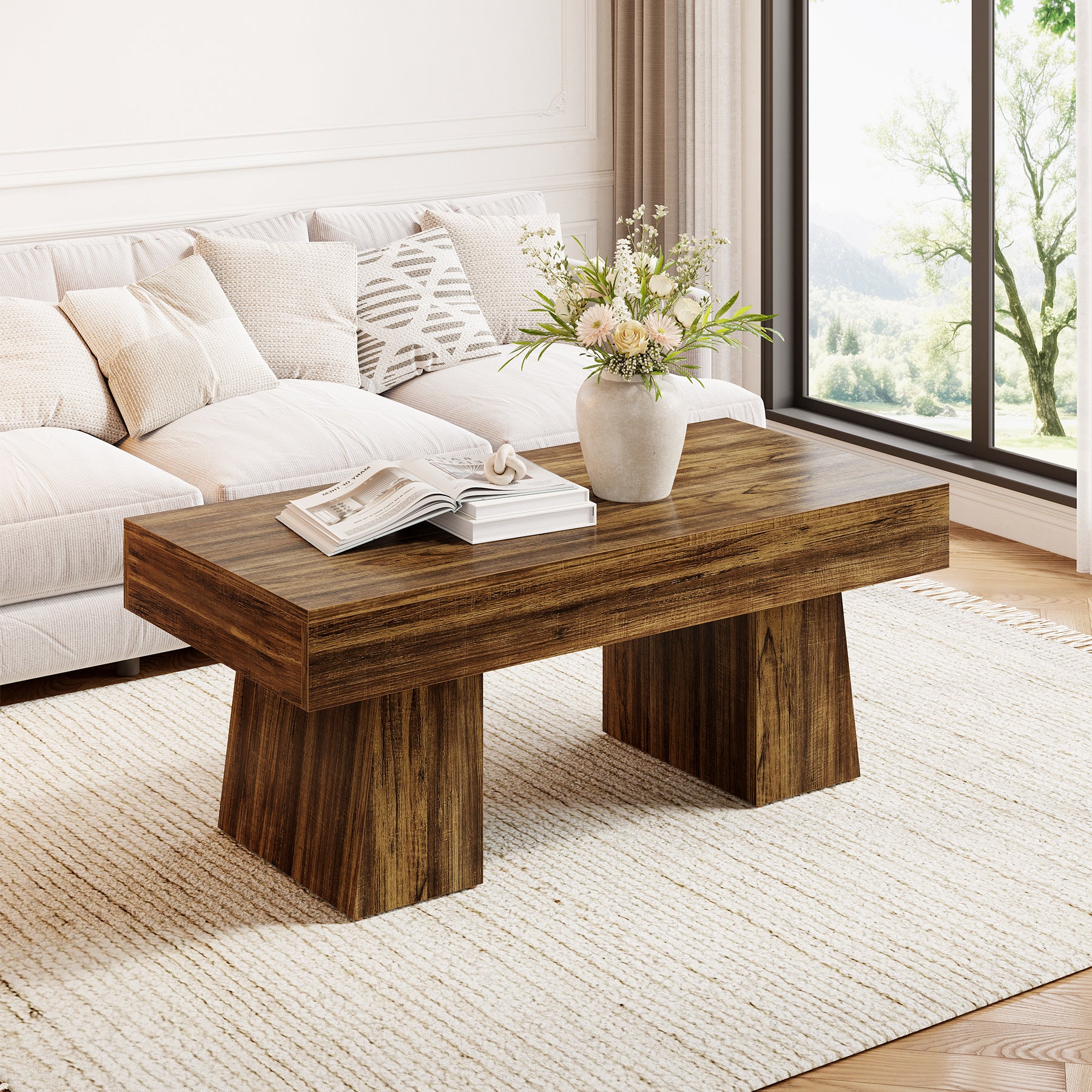 47.24" Farmhouse Coffee Table, Rectangular Center Table with Thick Base