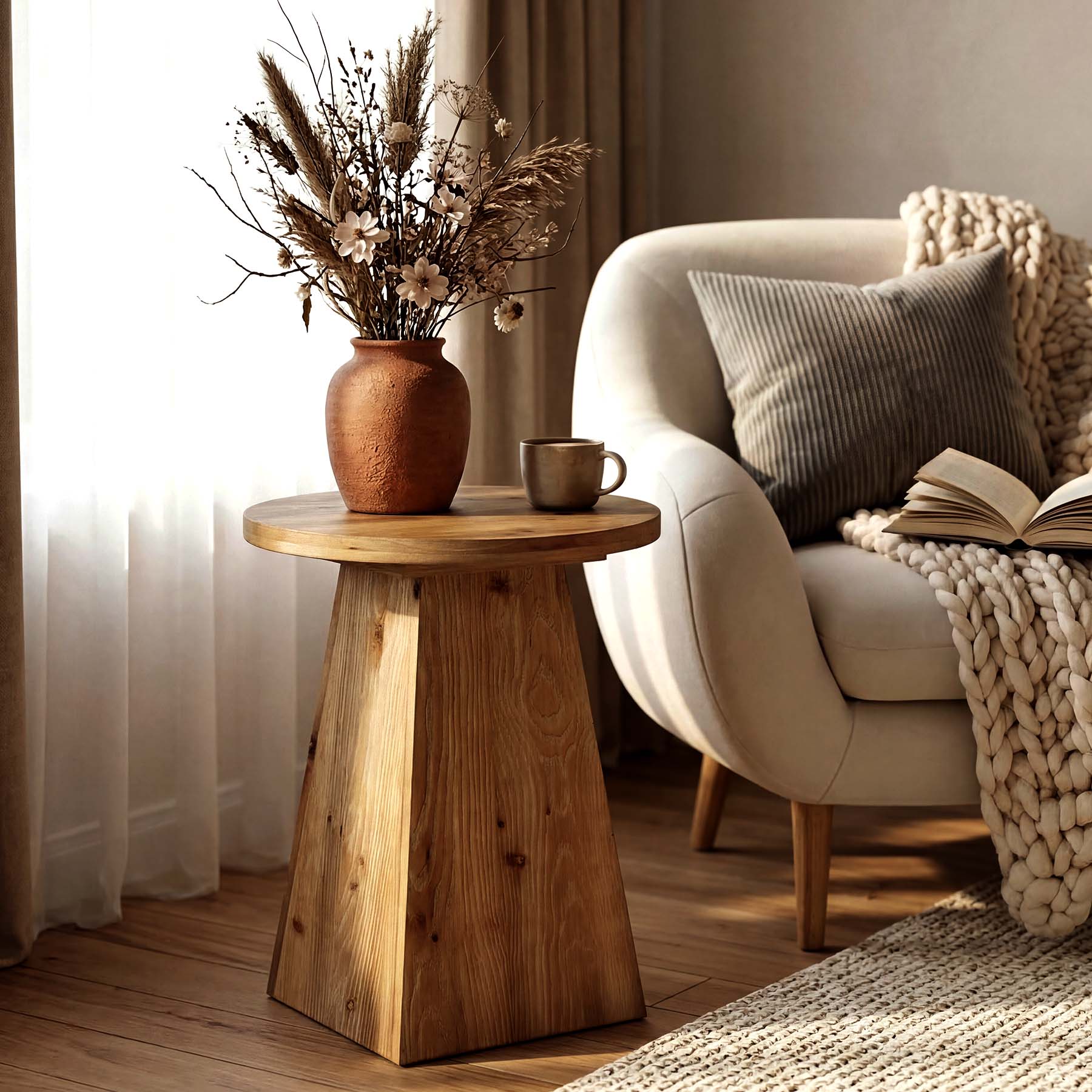18.9" Solid Wood End Table with Trapezoid Base, Round Side Table for Living Room