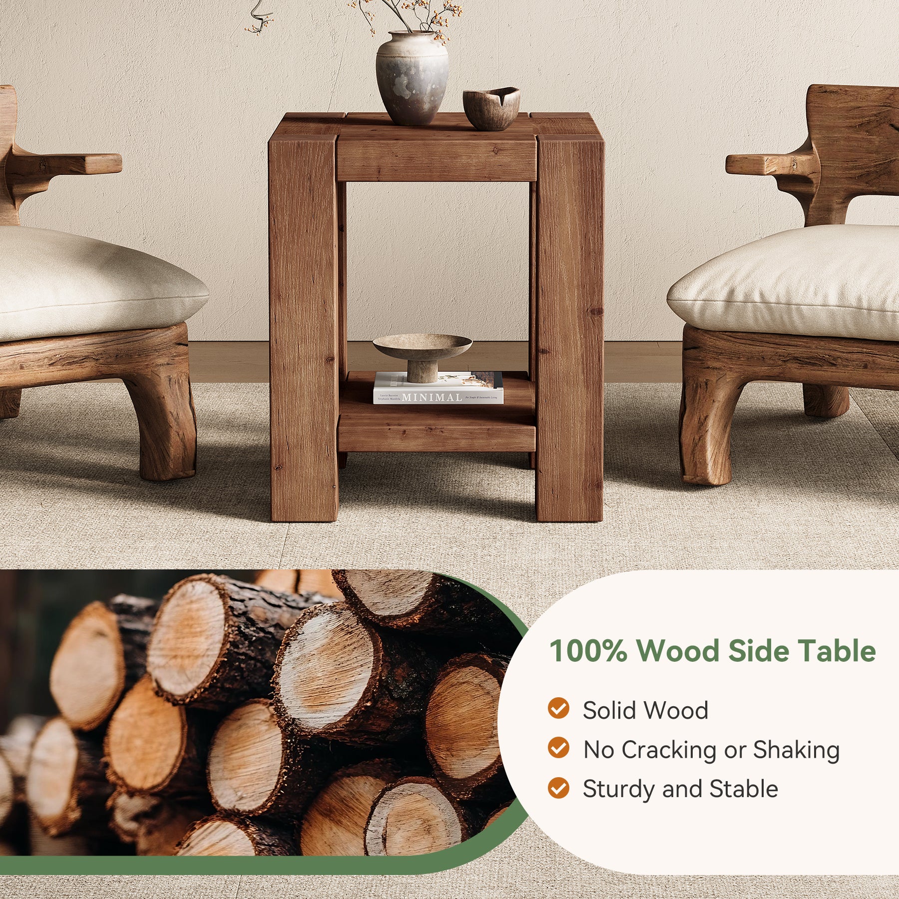 Solid Wood End Table, Farmhouse 2-Tier Side Table with Storage Shelves