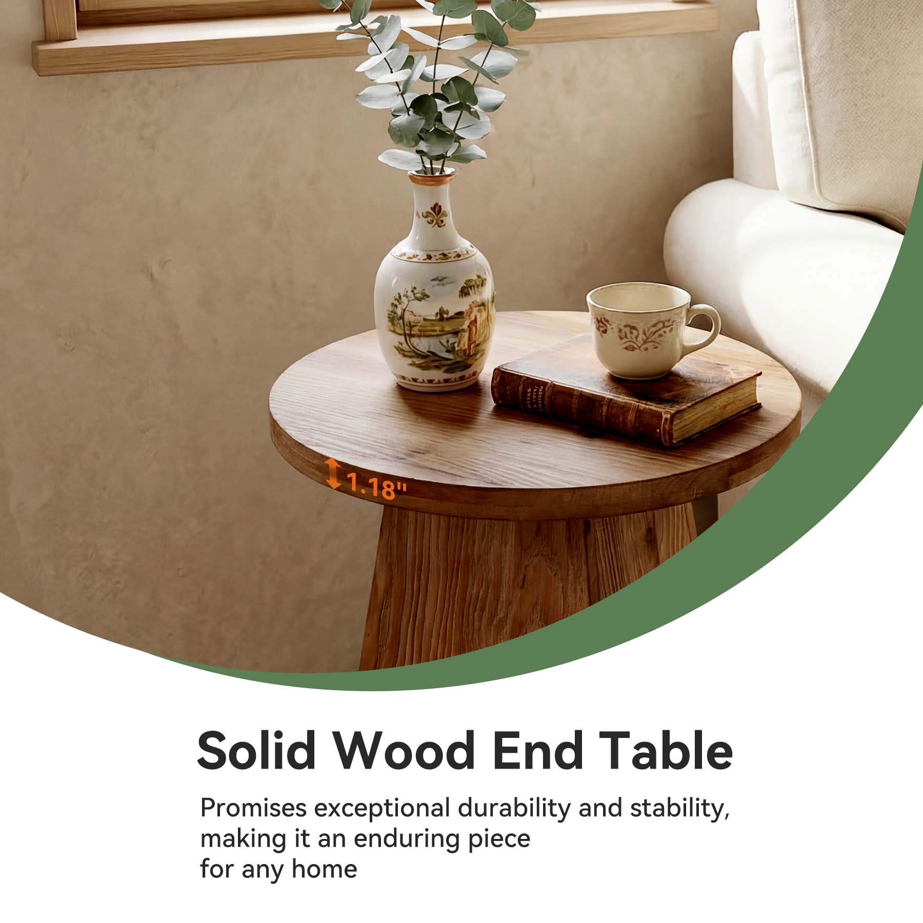 18.9" Solid Wood End Table with Trapezoid Base, Round Side Table for Living Room