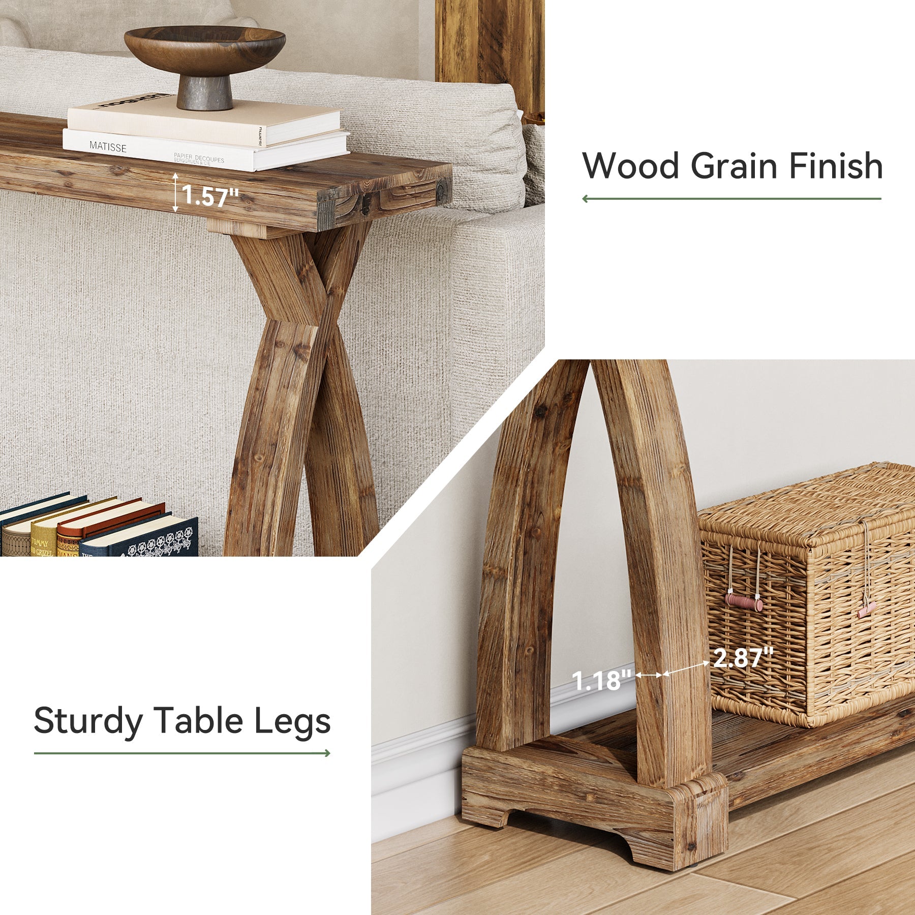 63" Solid Wood Console Table, Narrow Sofa Entryway Table with 2-Tier Storage