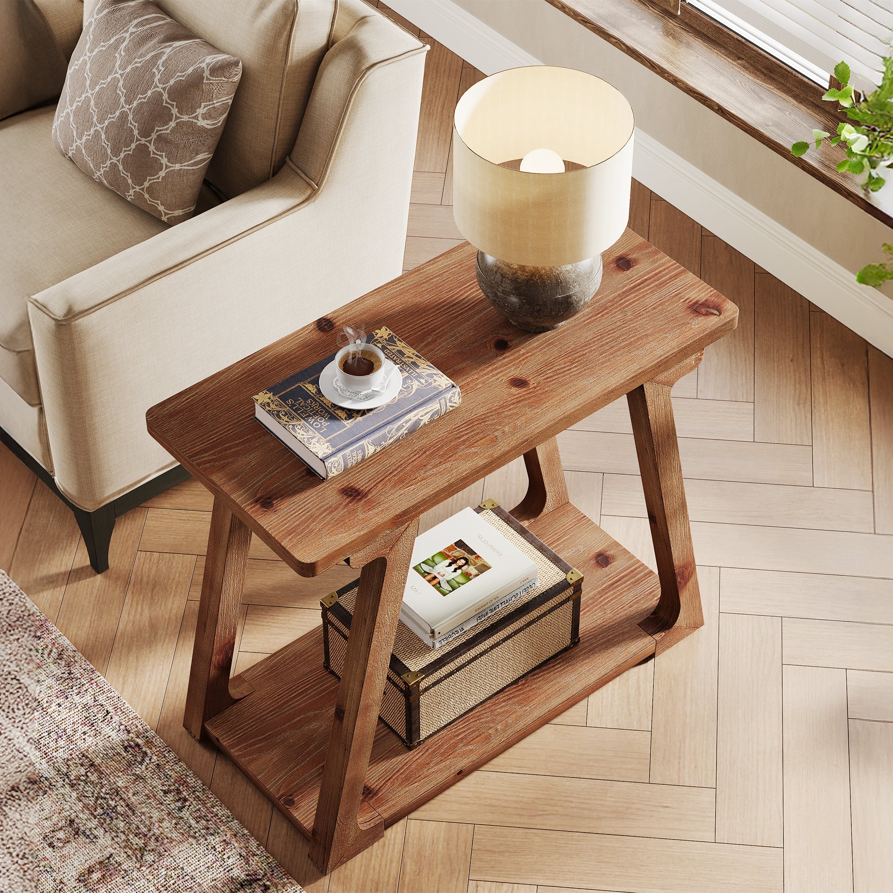 Solid Wood End Table, Narrow Side Table Nightstand with 2-Tier Storage