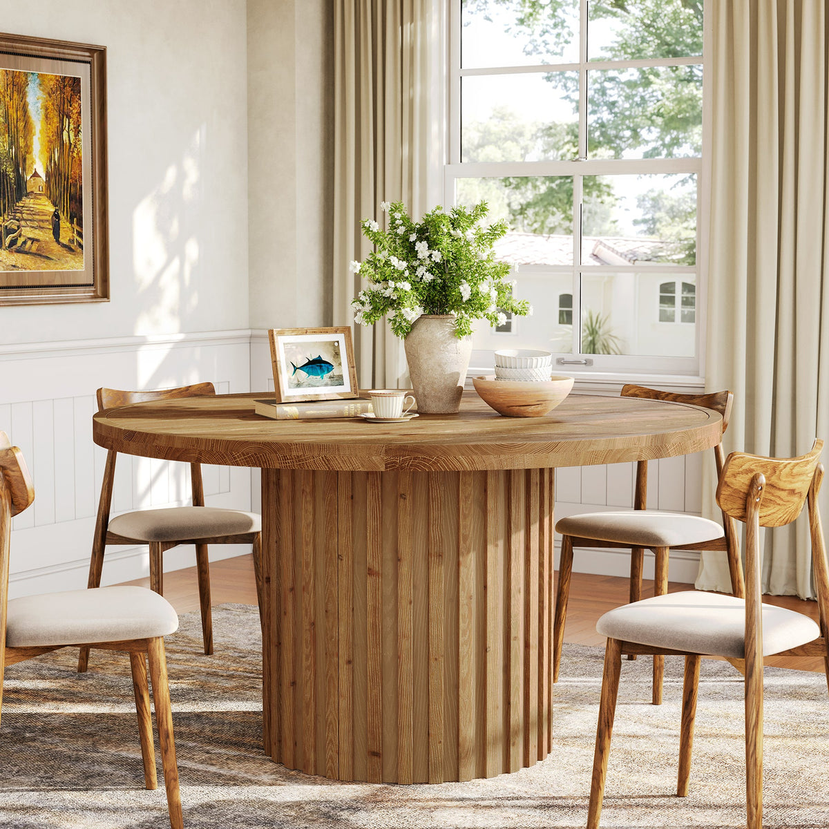 Round Solid Wood Dining Table for 4, 47" Kitchen Table with Fluted Pedestal Base