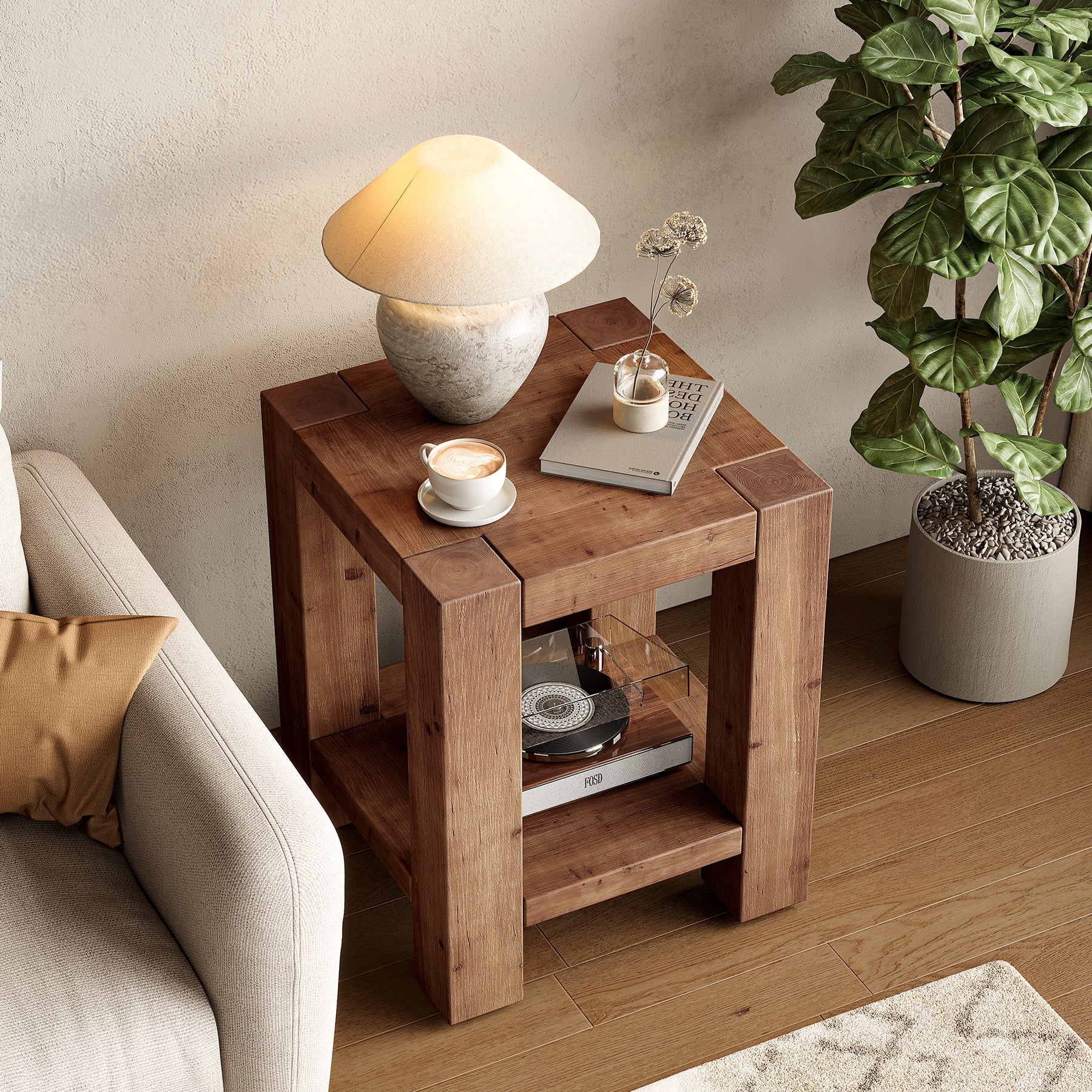Solid Wood End Table, Farmhouse 2-Tier Side Table with Storage Shelves