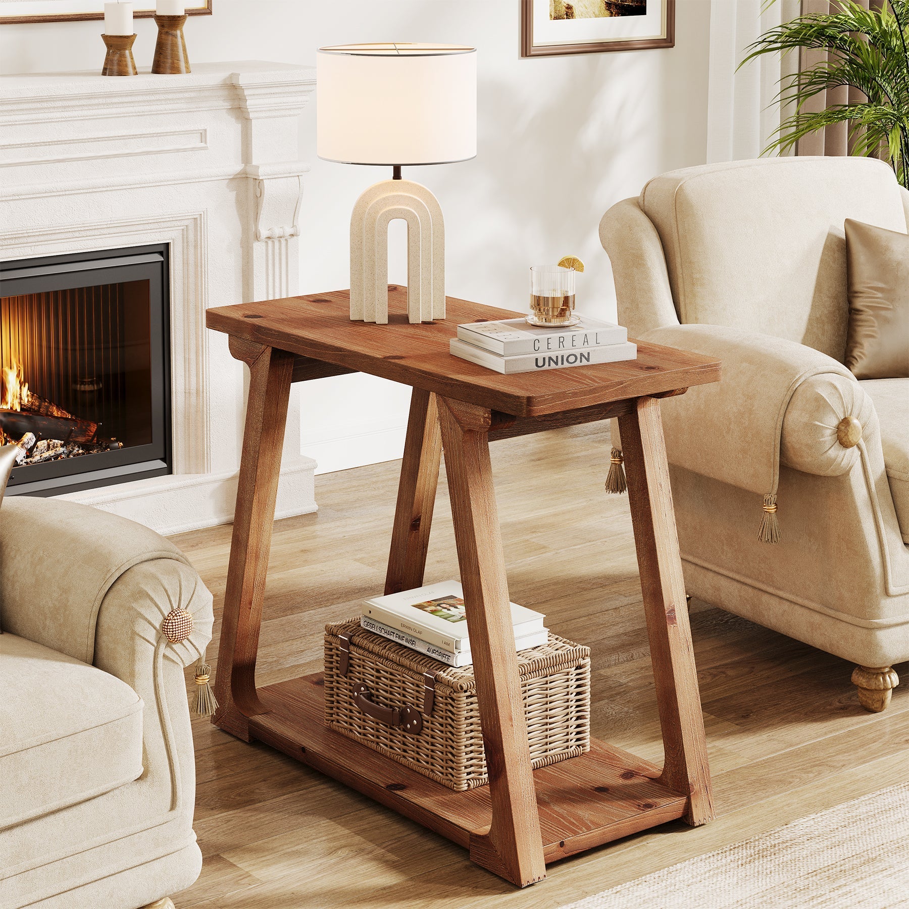 Solid Wood End Table, Narrow Side Table Nightstand with 2-Tier Storage