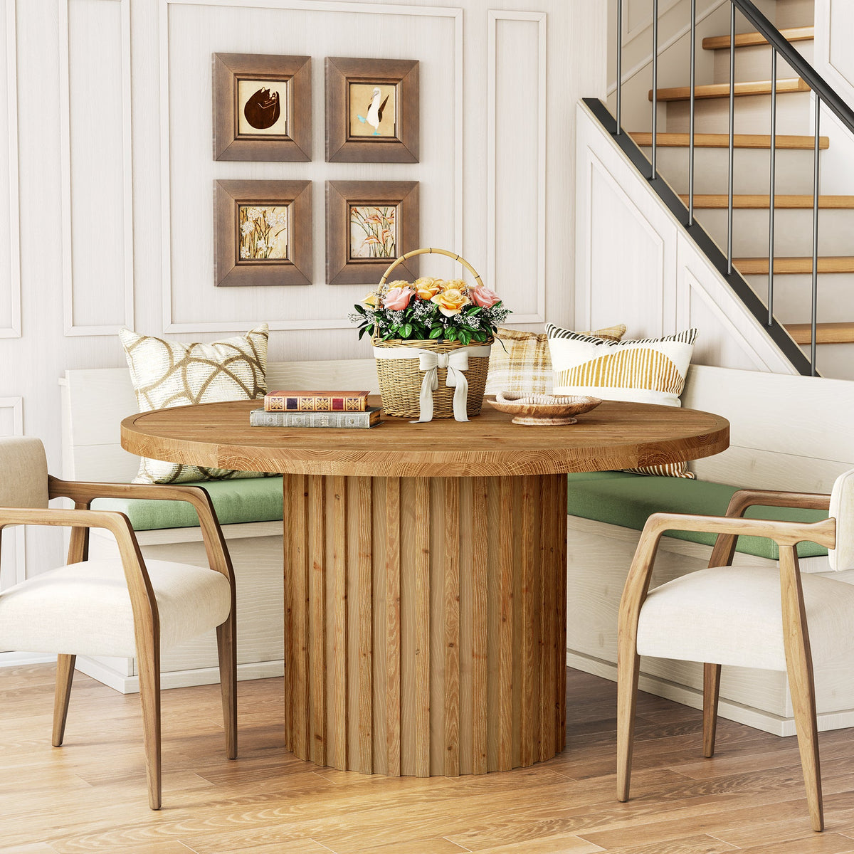 Round Solid Wood Dining Table for 4, 47" Kitchen Table with Fluted Pedestal Base