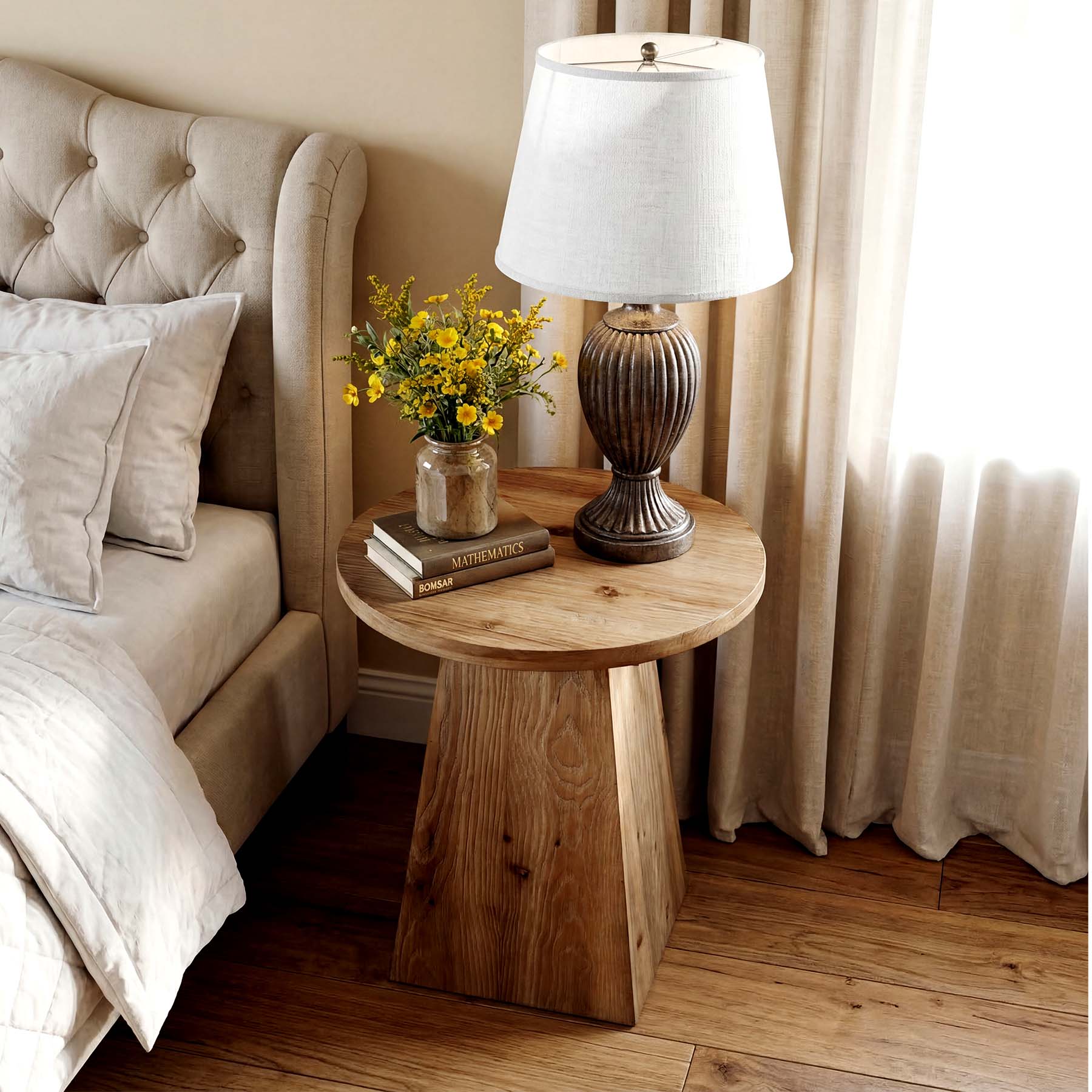 18.9" Solid Wood End Table with Trapezoid Base, Round Side Table for Living Room