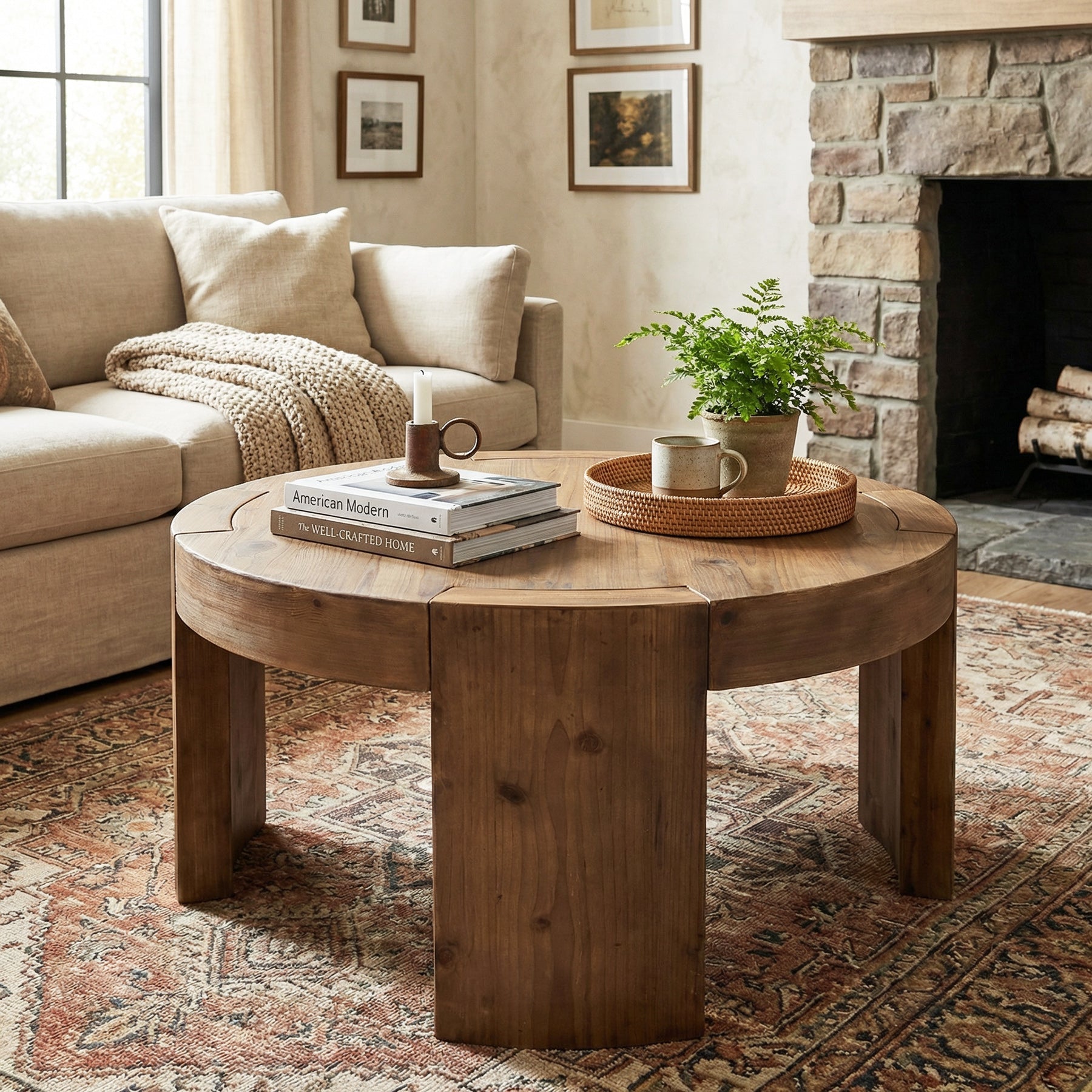 31.5" Round Coffee Table, Solid Wood Center Cocktail Tea Table for Living Room