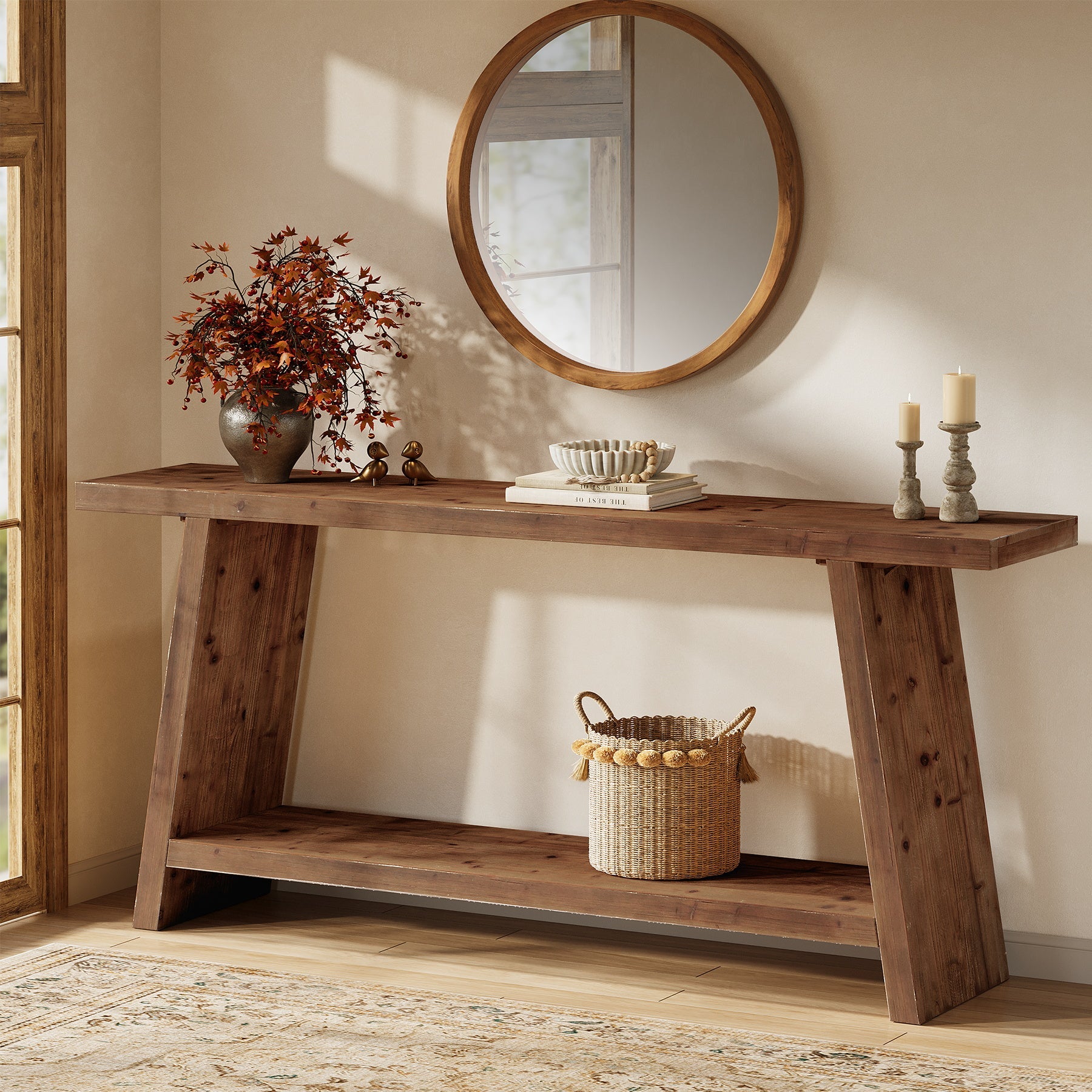 Solid Wood Console Table, 70.9" Sofa Table Behind Couch with 2-Tier Storage