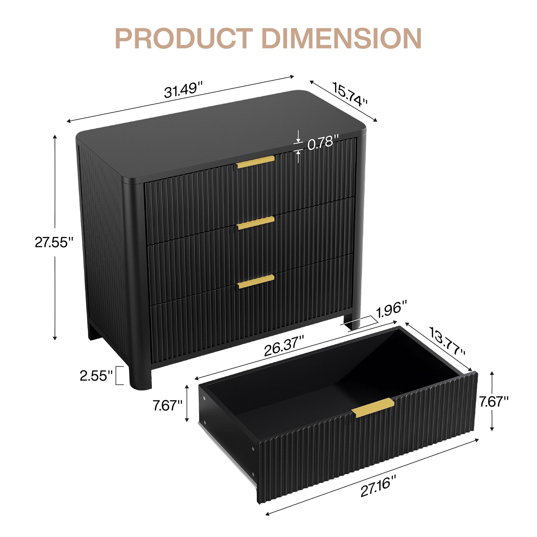 Oversized Nightstand, 31.5" Wide Bedside Table with 3 Drawers for Bedroom