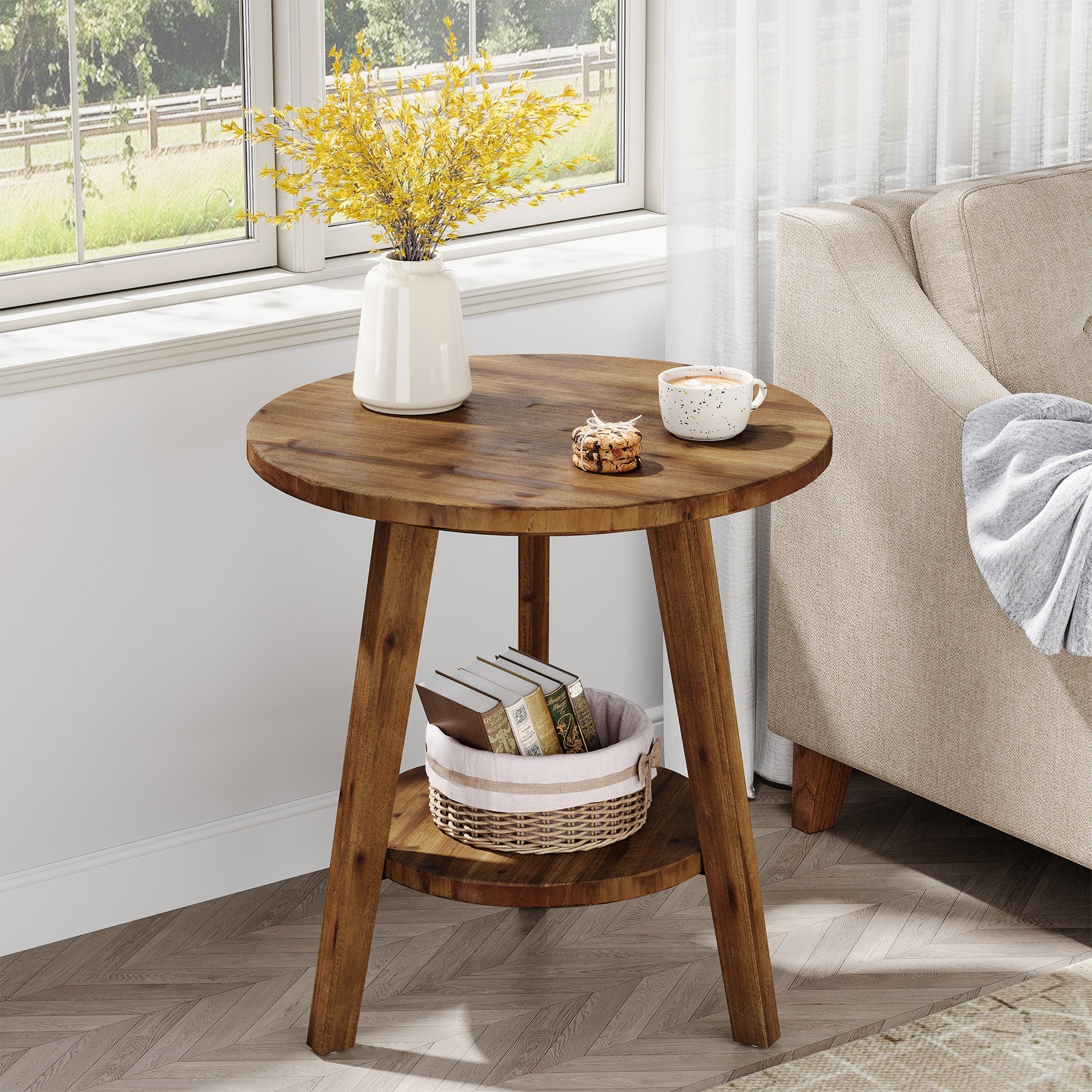 Solid Wood Round End Table, Farmhouse Sofa Side Table with Storage Shelf Tribesigns