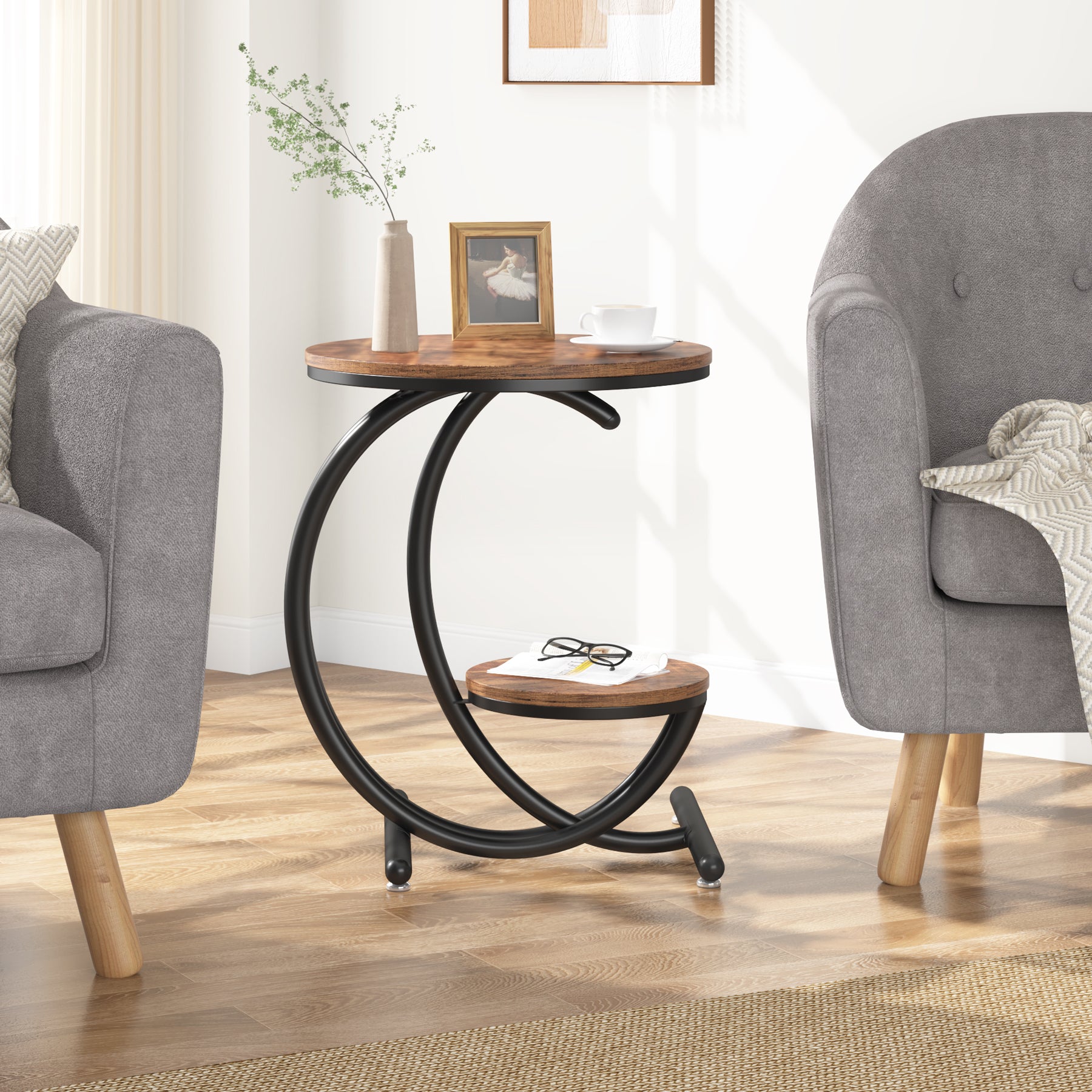 2-Tier End Table, Small Accent Side Table with C-Shaped Frame