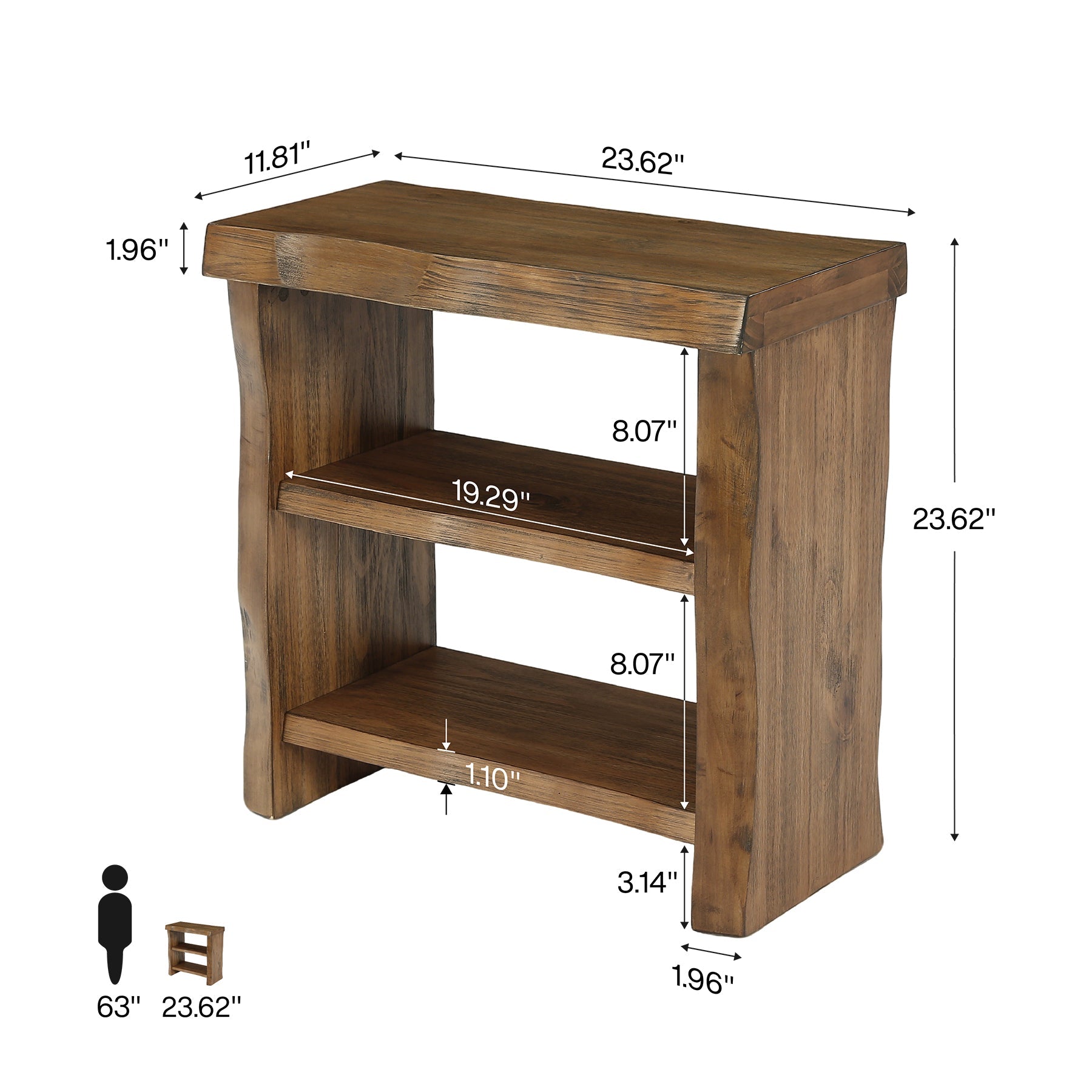 Solid Wood End Table, 3-Tier Live Edge Side Table for Bedroom