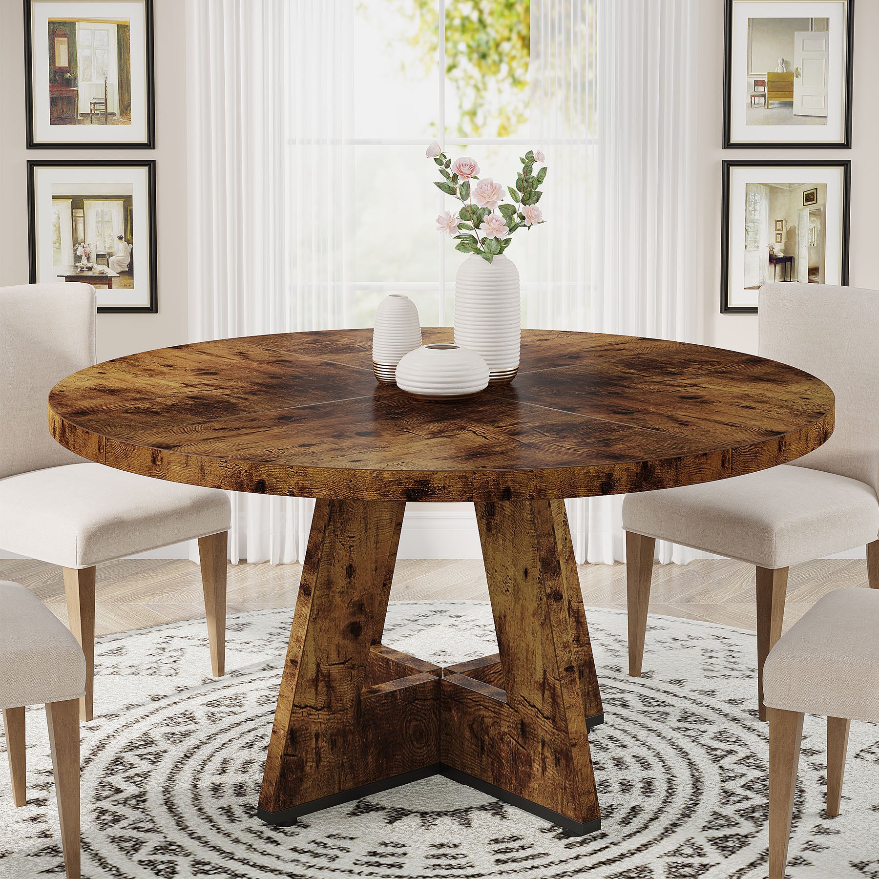 Round Dining Table for 4, 47" Wood Kitchen Table Farmhouse Dinner Table