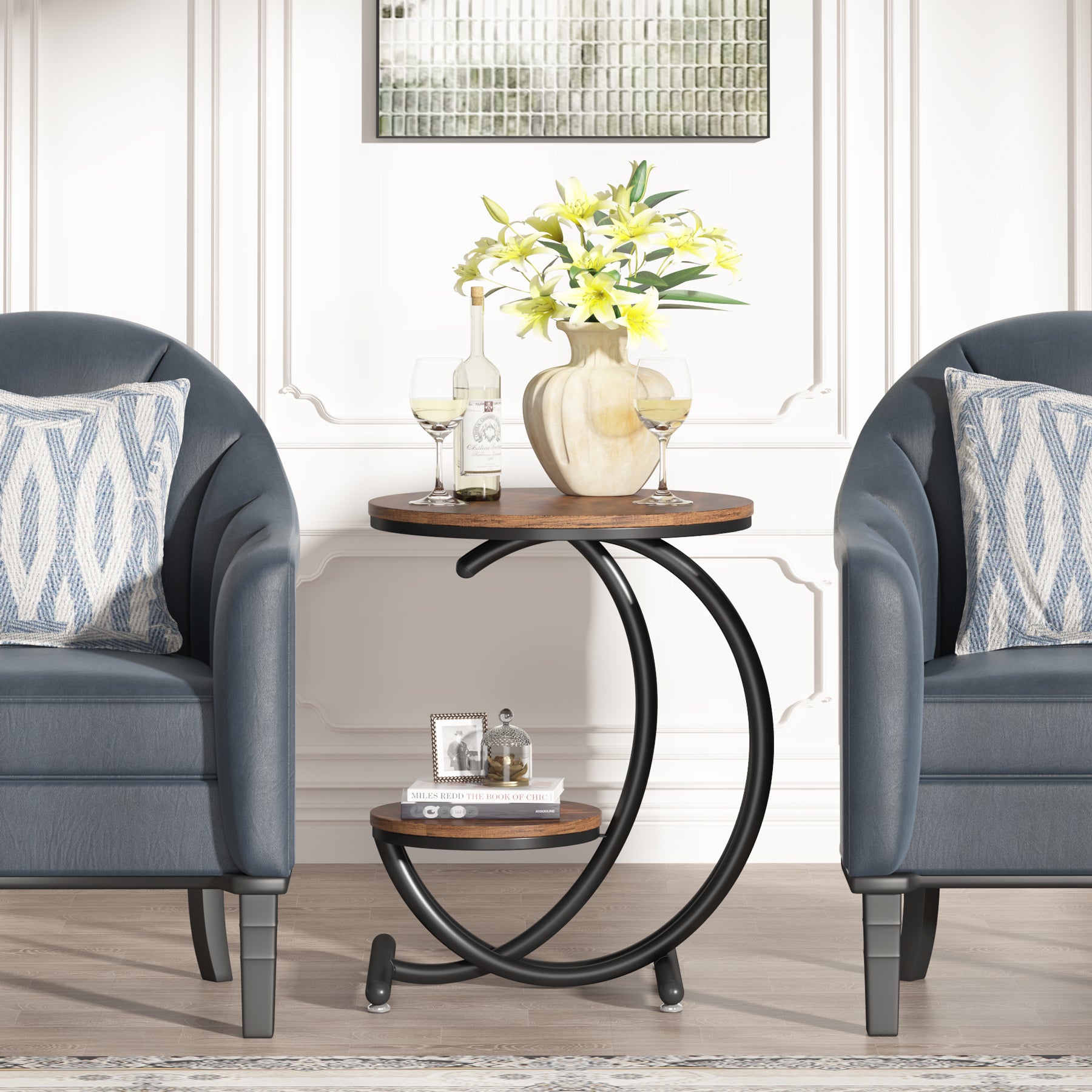 2-Tier End Table, Small Accent Side Table with C-Shaped Frame