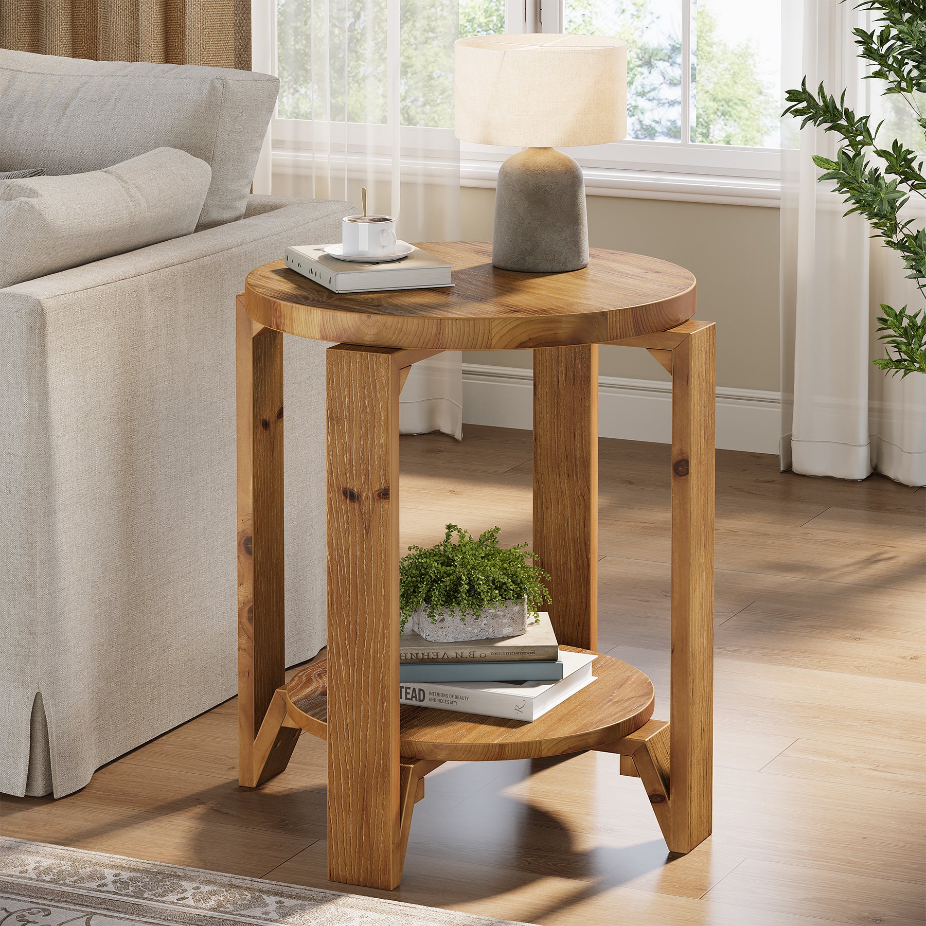 Solid Wood End Table, 2-Tier Round Side Table Nightstand for Living Room, Bedroom