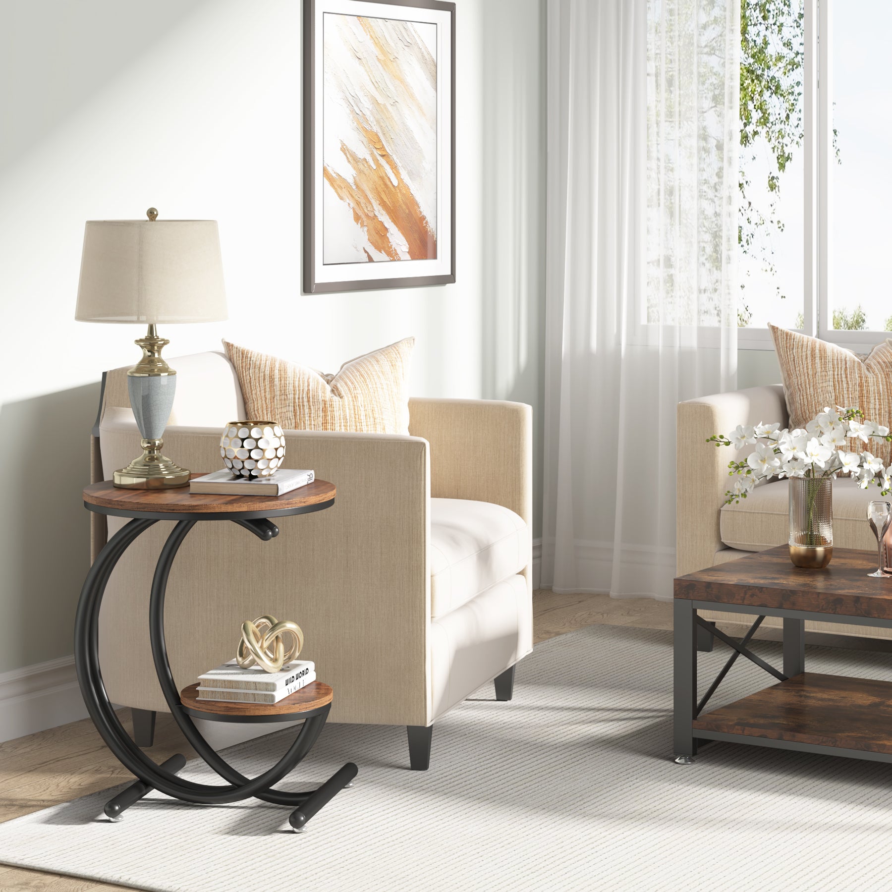 2-Tier End Table, Small Accent Side Table with C-Shaped Frame