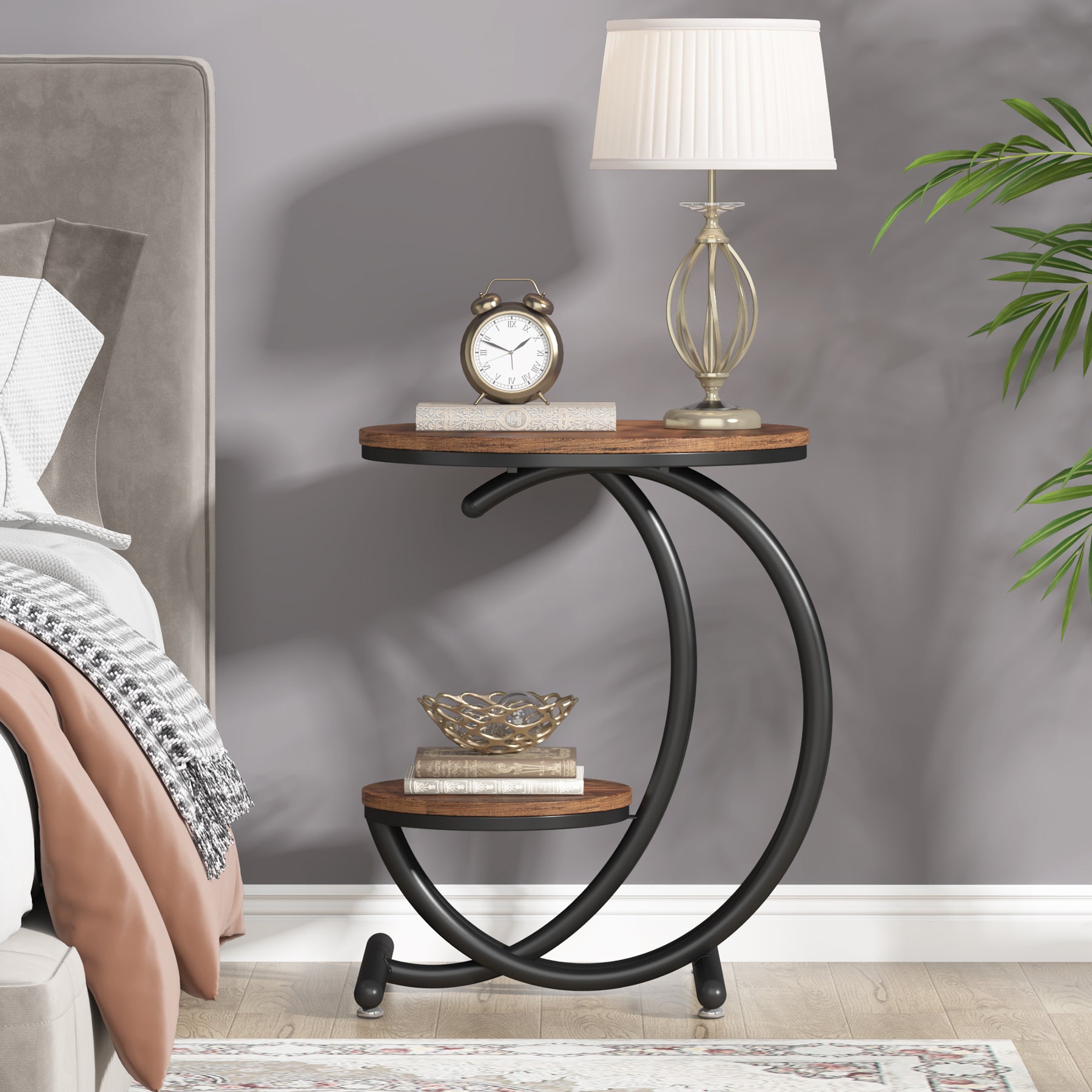 2-Tier End Table, Small Accent Side Table with C-Shaped Frame