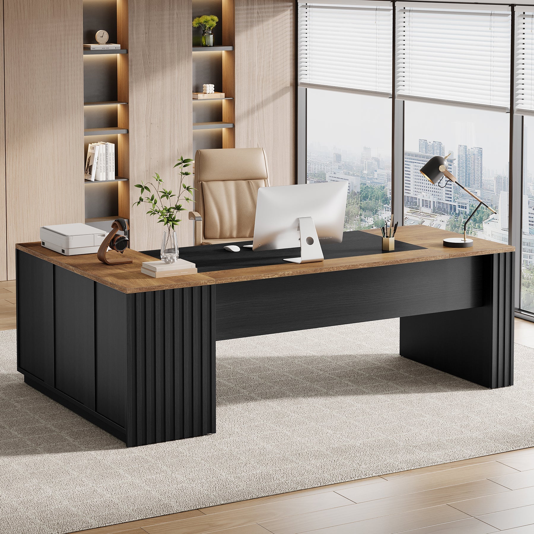 L-Shaped Executive Desk, 78.7" Computer Desk with Cabinet and Storage Shelves
