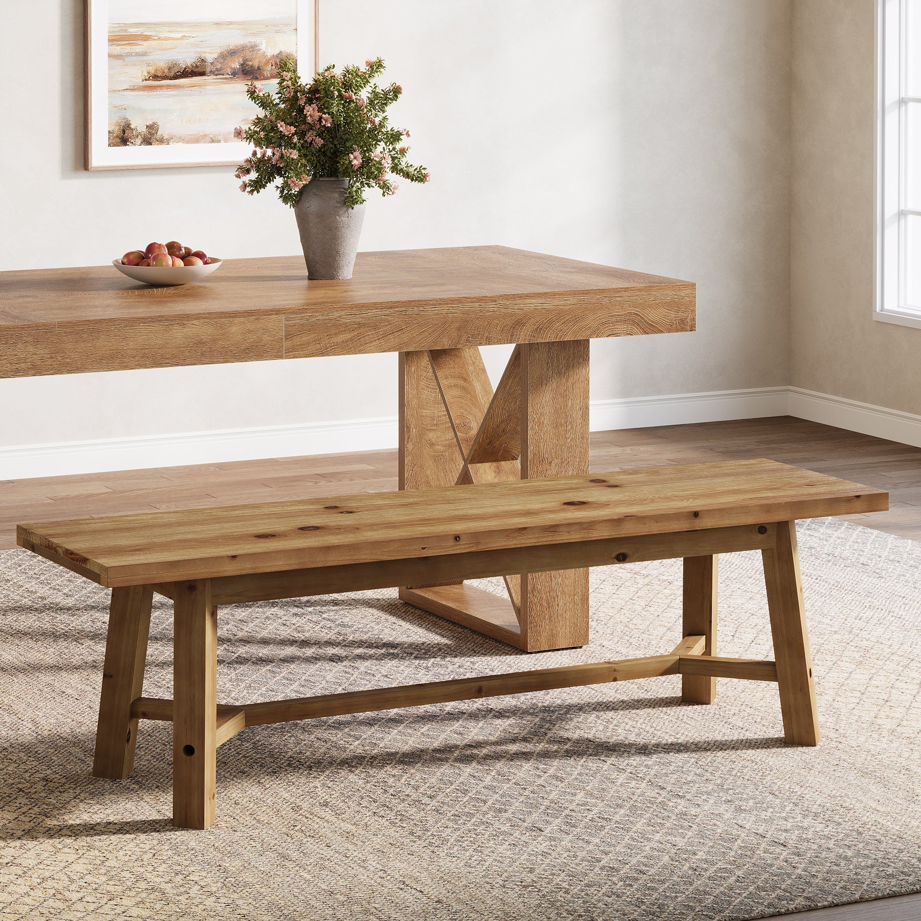Solid Wood Dining Bench, 55.12" Kitchen Bench with Strengthened Legs