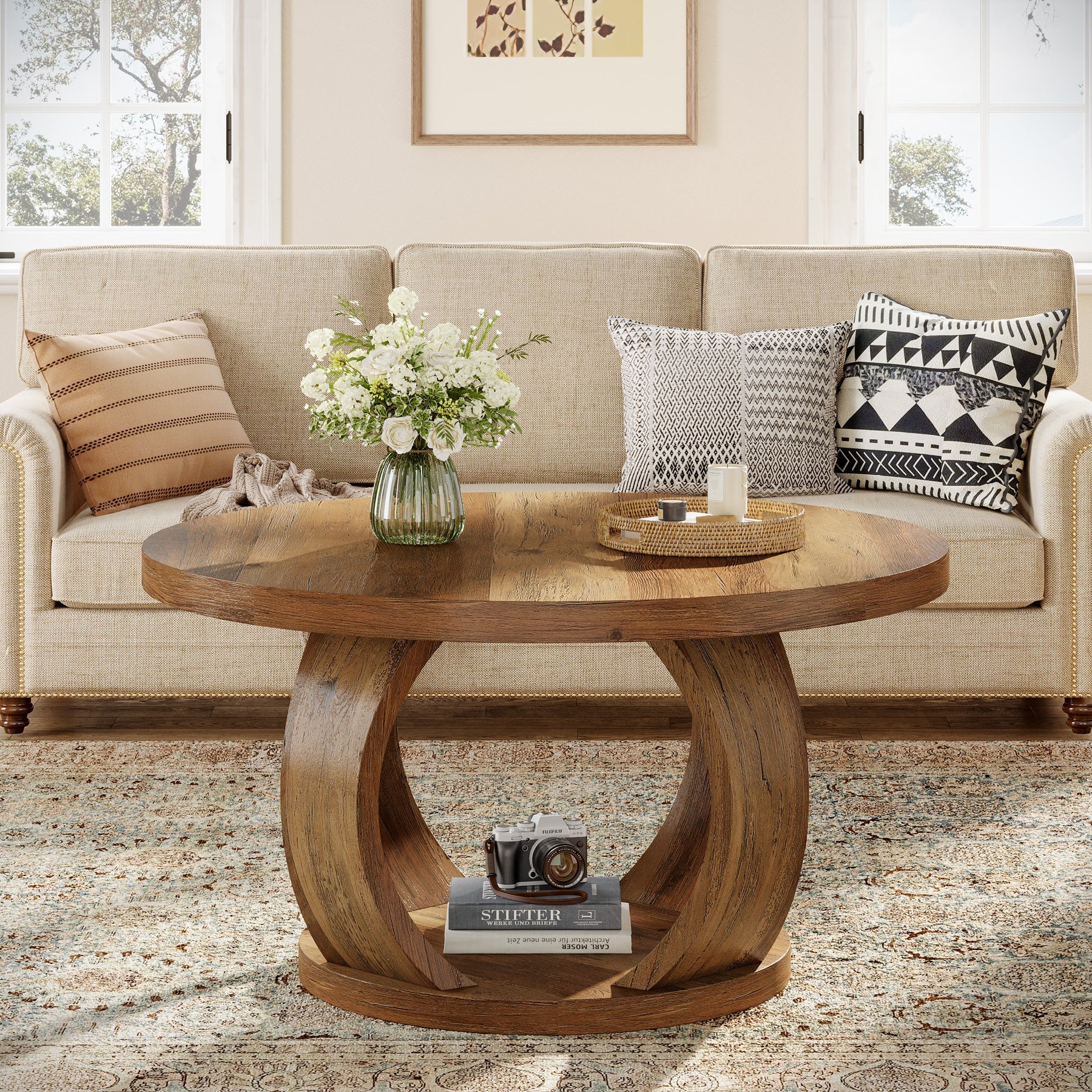 31.5" Round Coffee Table, 2-Tier Center Table with Storage for Living Room