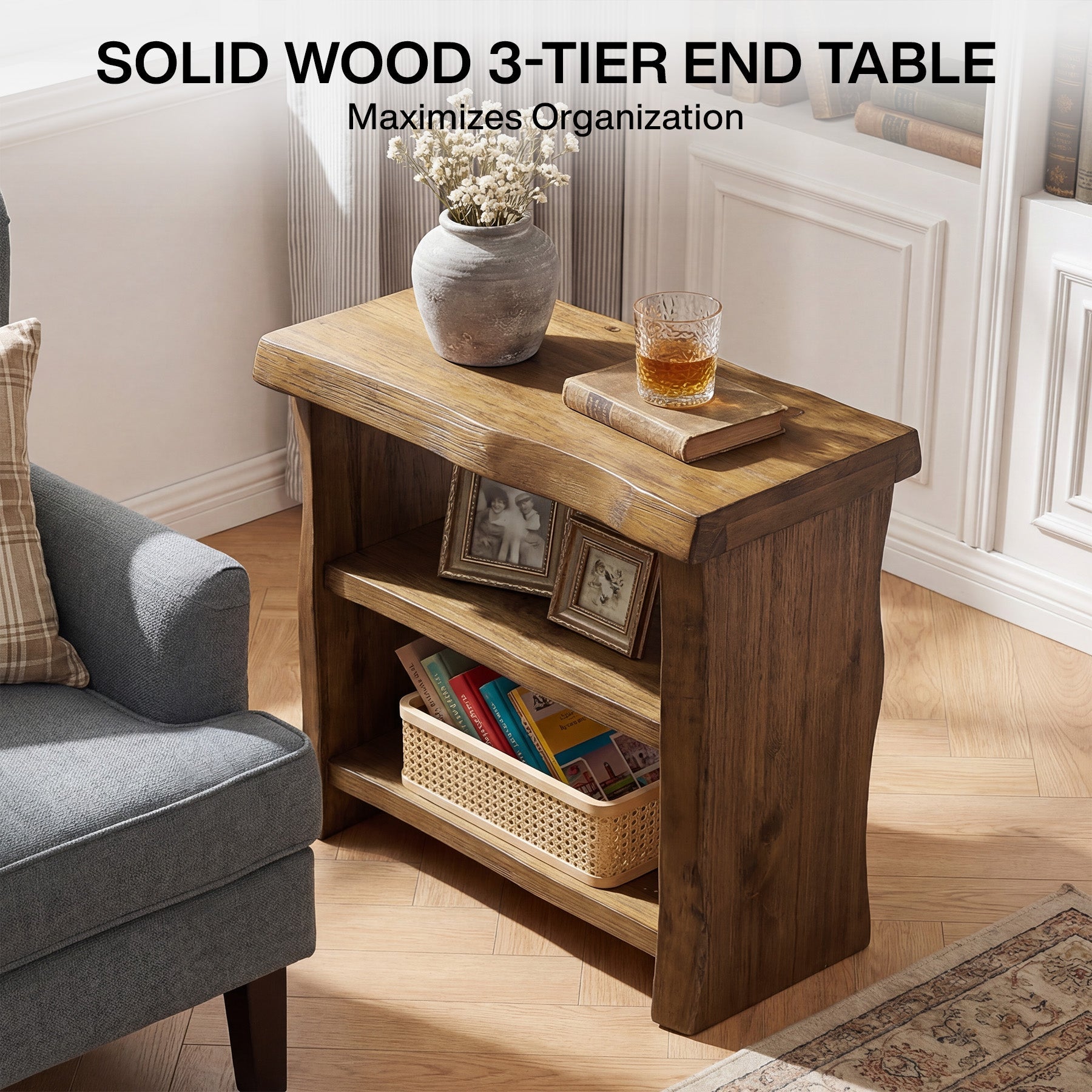 Solid Wood End Table, 3-Tier Live Edge Side Table for Bedroom