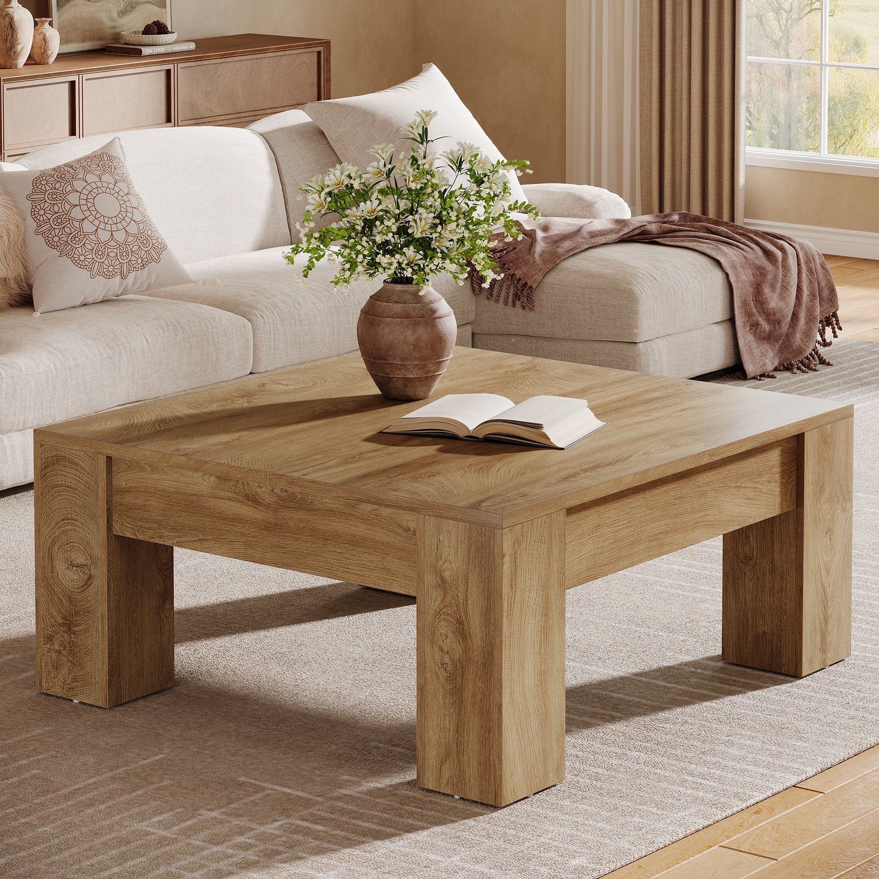 Square Coffee Table, 39" Farmhouse Center Table with Sturdy Legs