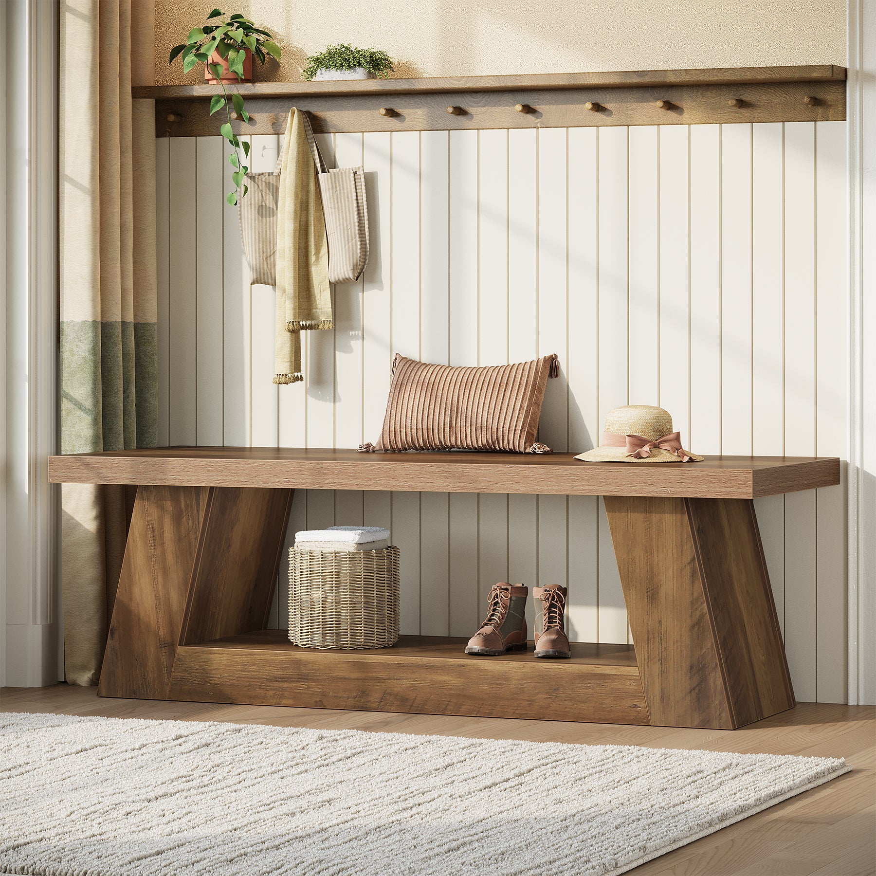 63" Entryway Bench with Storage Shelf, 2-Tier End of Bed Bench