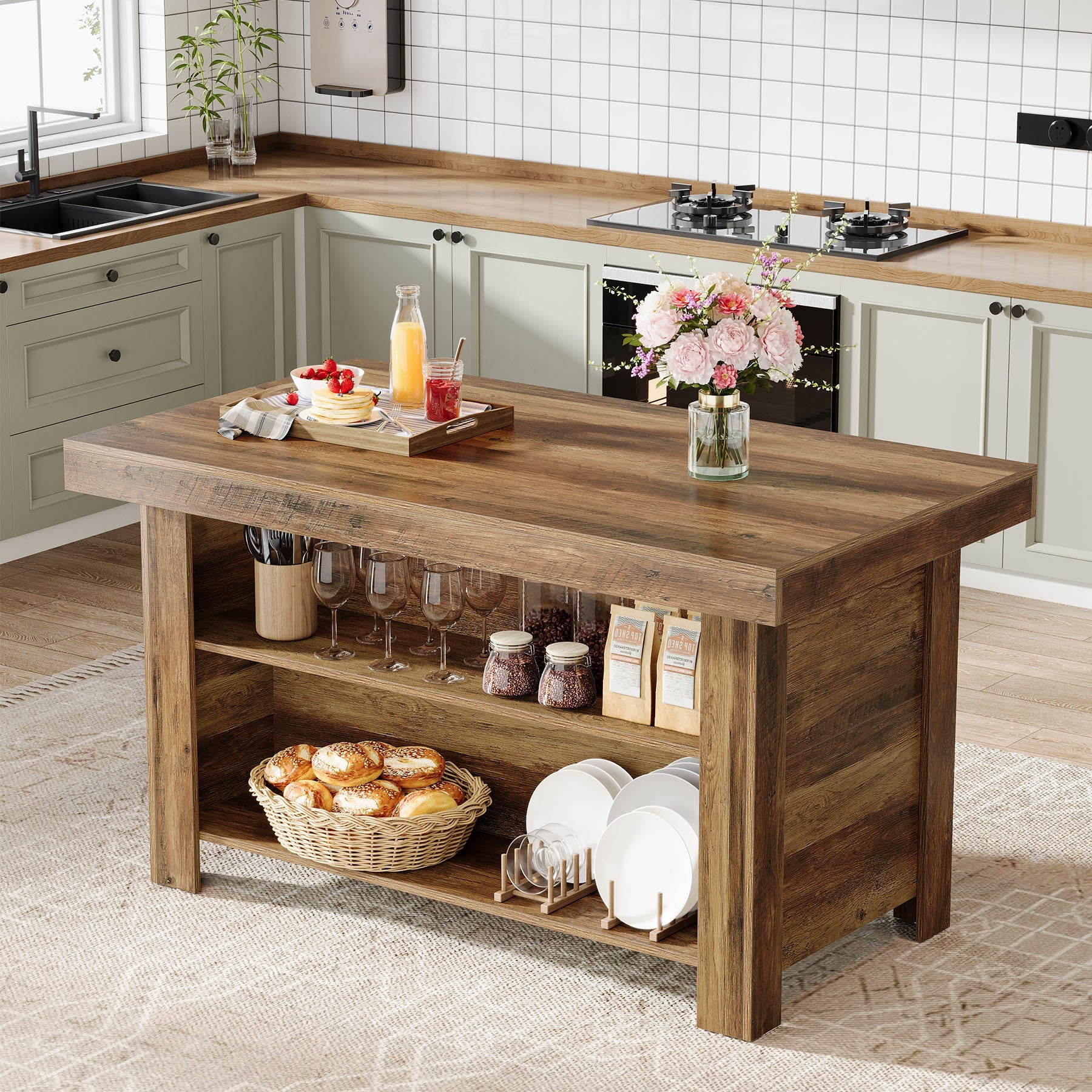 55" Kitchen Island, 3-Tier Island Table Counter Height Bar Table