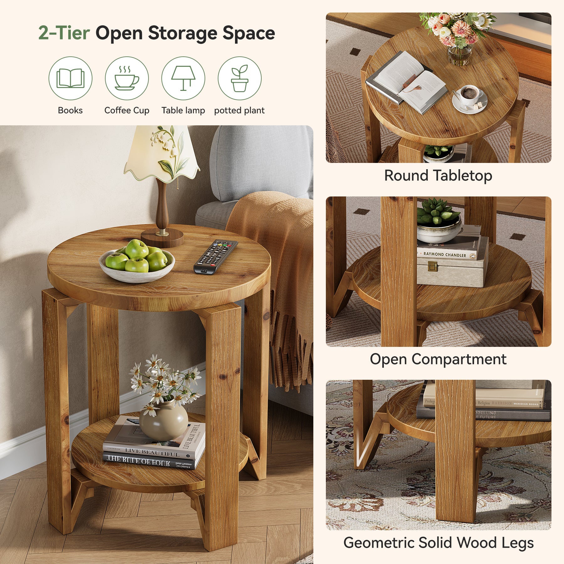 Solid Wood End Table, 2-Tier Round Side Table Nightstand for Living Room, Bedroom