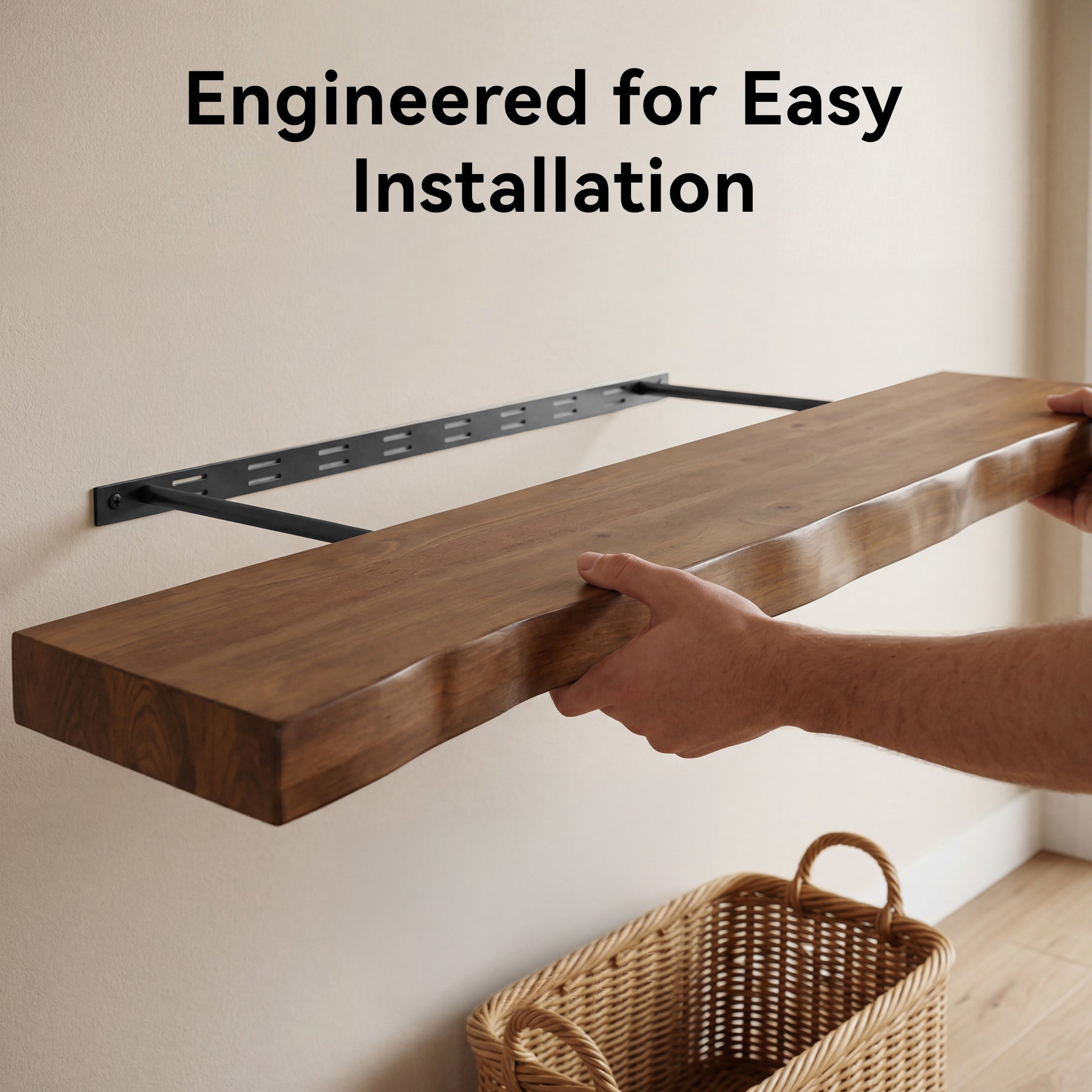 63" Solid Wood Fireplace Mantel, Floating Mantel Shelf with Live Edge for Living Room