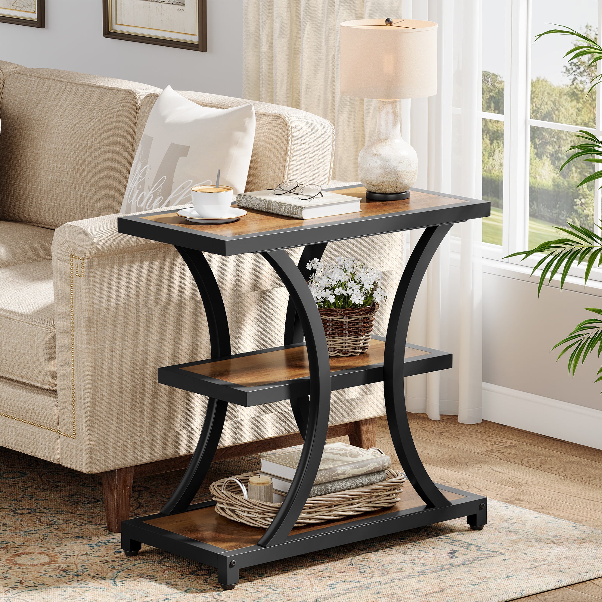 3-Tier End Table, Industrial Side Table with Geometric Metal Design