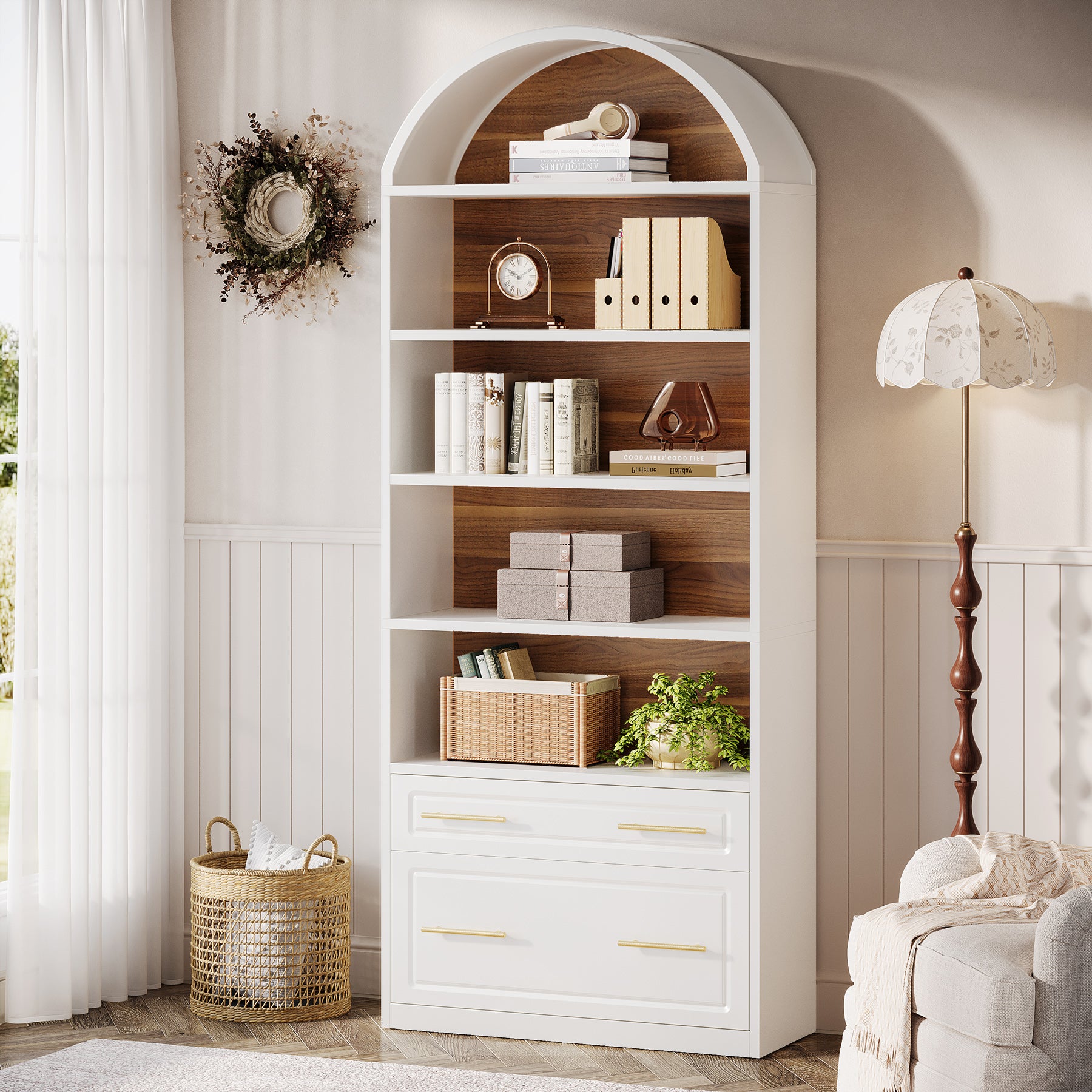 76.8" Arched Bookcase, 5-Tier Bookshelf with File Cabinet Drawer for Home Office