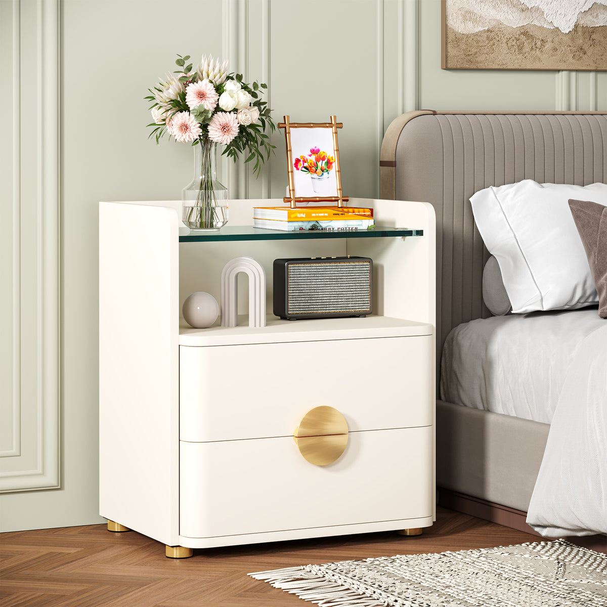 2-Drawer Nightstand, Modern Bedside Table with Open Shelf for Bedroom