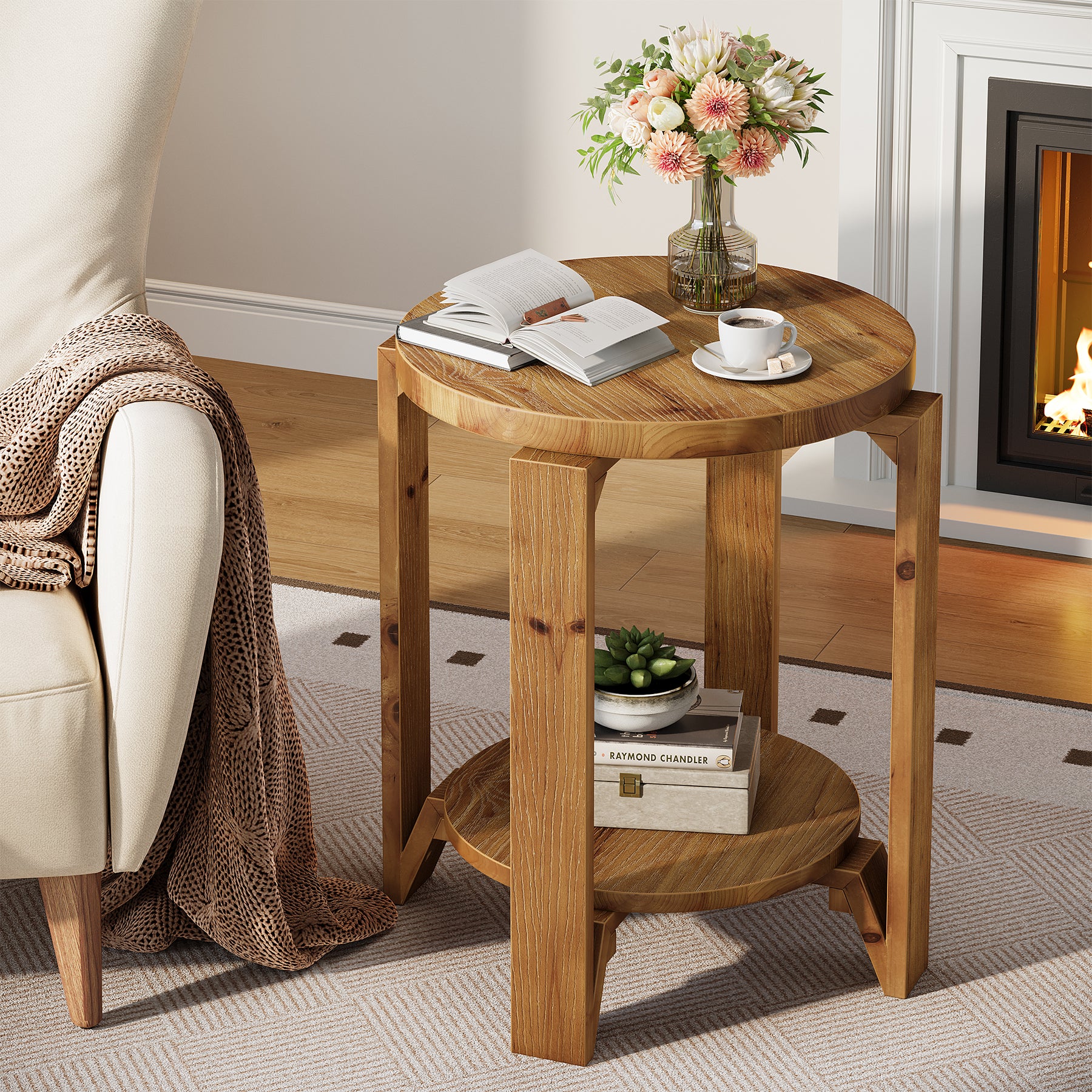 Solid Wood End Table, 2-Tier Round Side Table Nightstand for Living Room, Bedroom