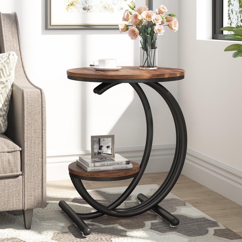 2-Tier End Table, Small Accent Side Table with C-Shaped Frame Tribesigns