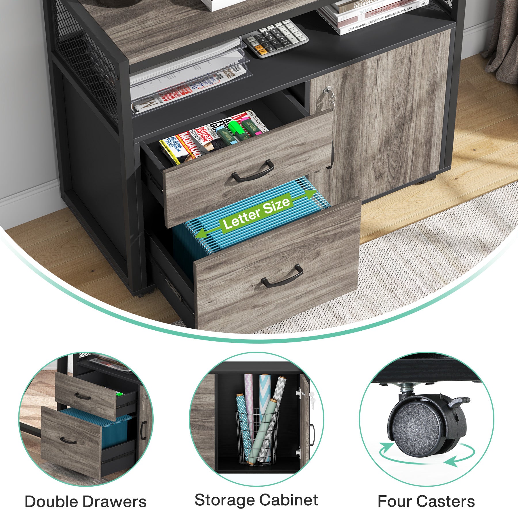 63" Computer Desk with Mobile Cabinet, L-Shaped Desk for Home Office
