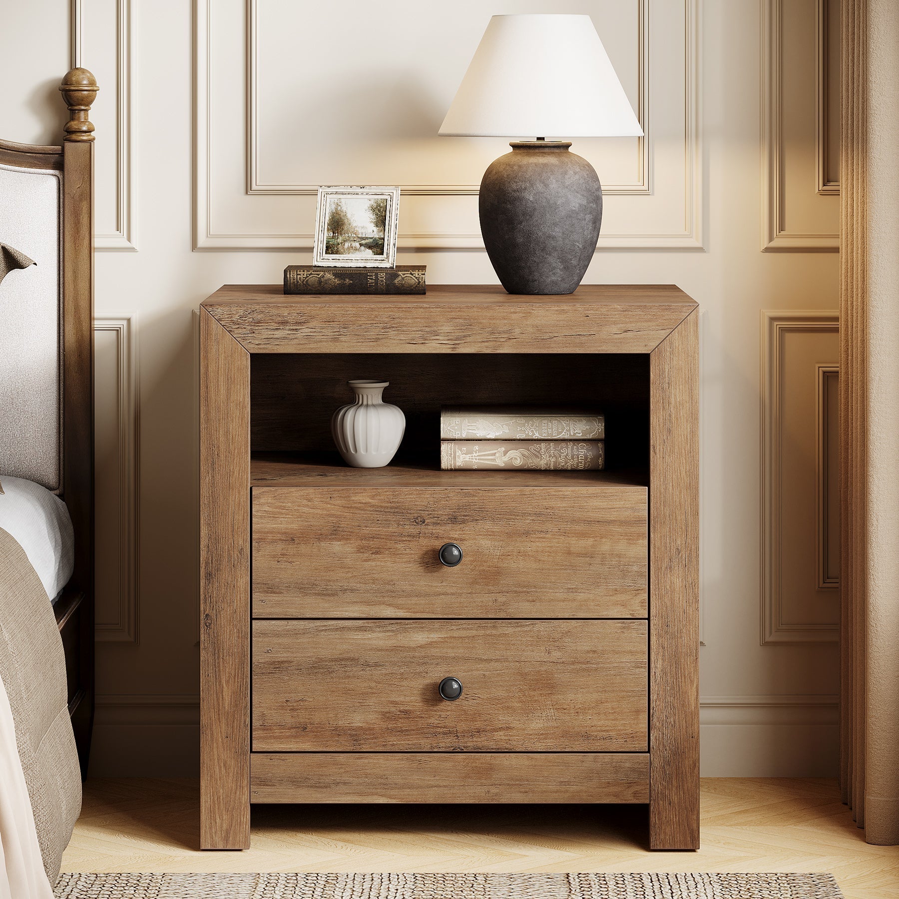 23.6" Nightstand, Rustic Bedside Table with 2 Storage Drawers Tribesigns