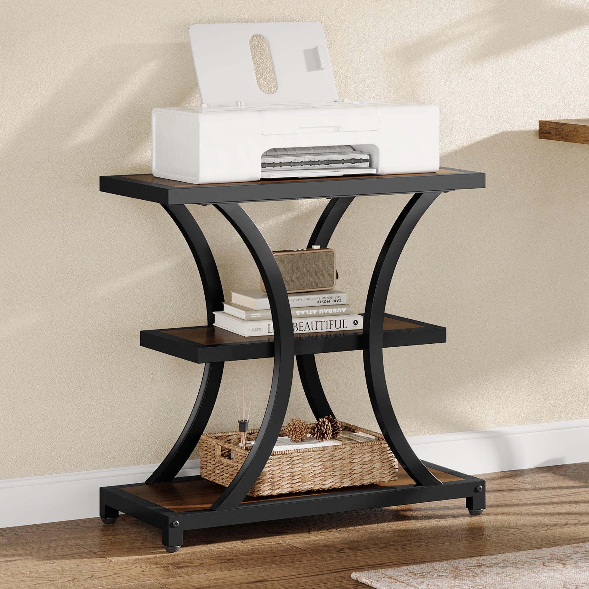 3-Tier End Table, Industrial Side Table with Geometric Metal Design